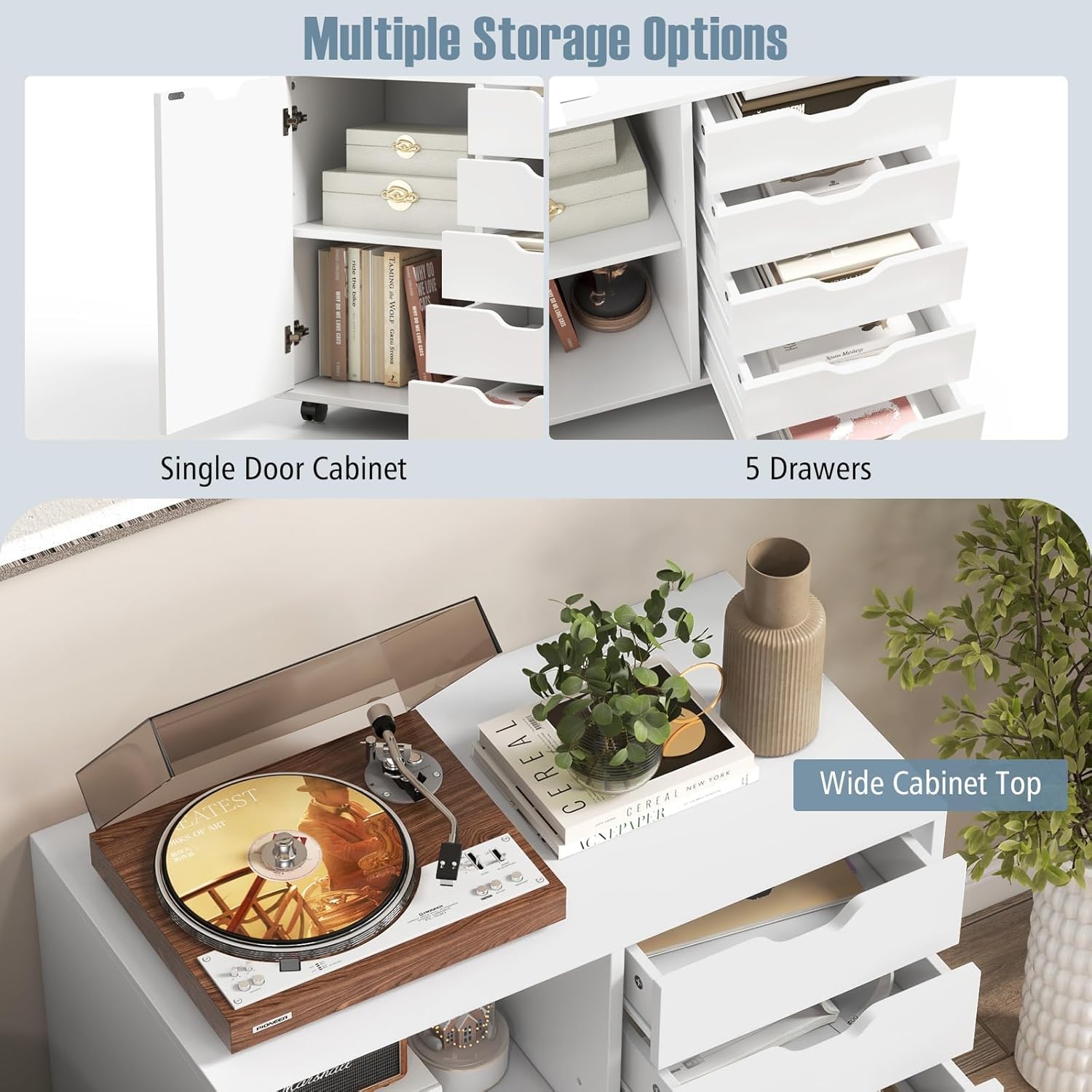 5-Drawer Storage Cabinet with Wheels & Adjustable Shelf