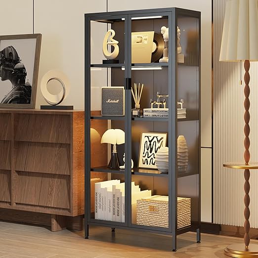 5-Tier Glass Display Cabinet with LED Sensor Lights & Adjustable Shelves