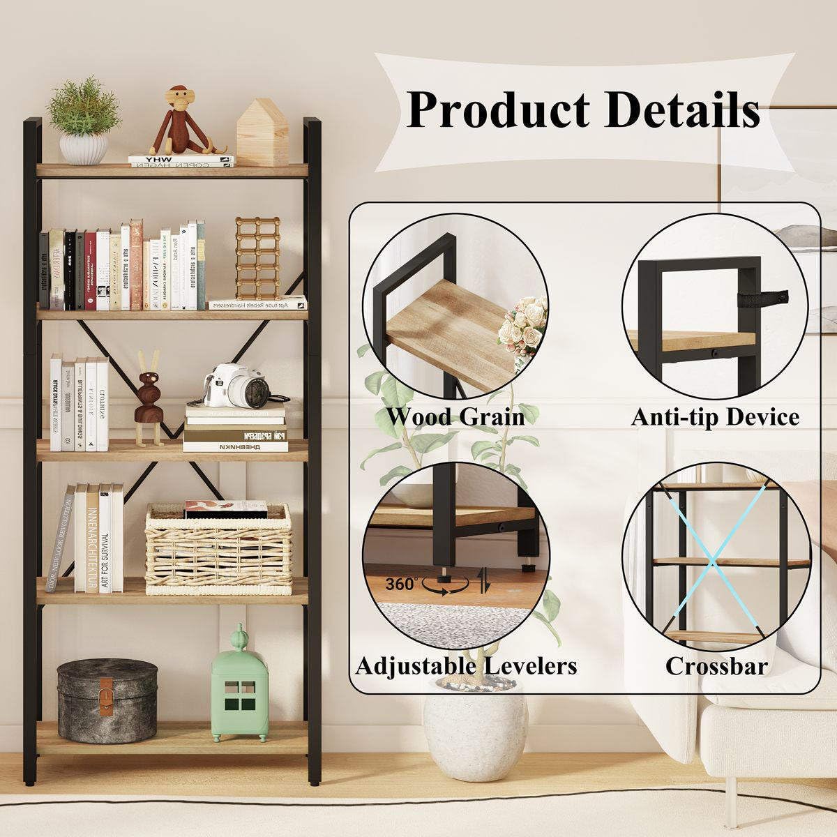 5-Tier Industrial Bookshelf with Metal Frame