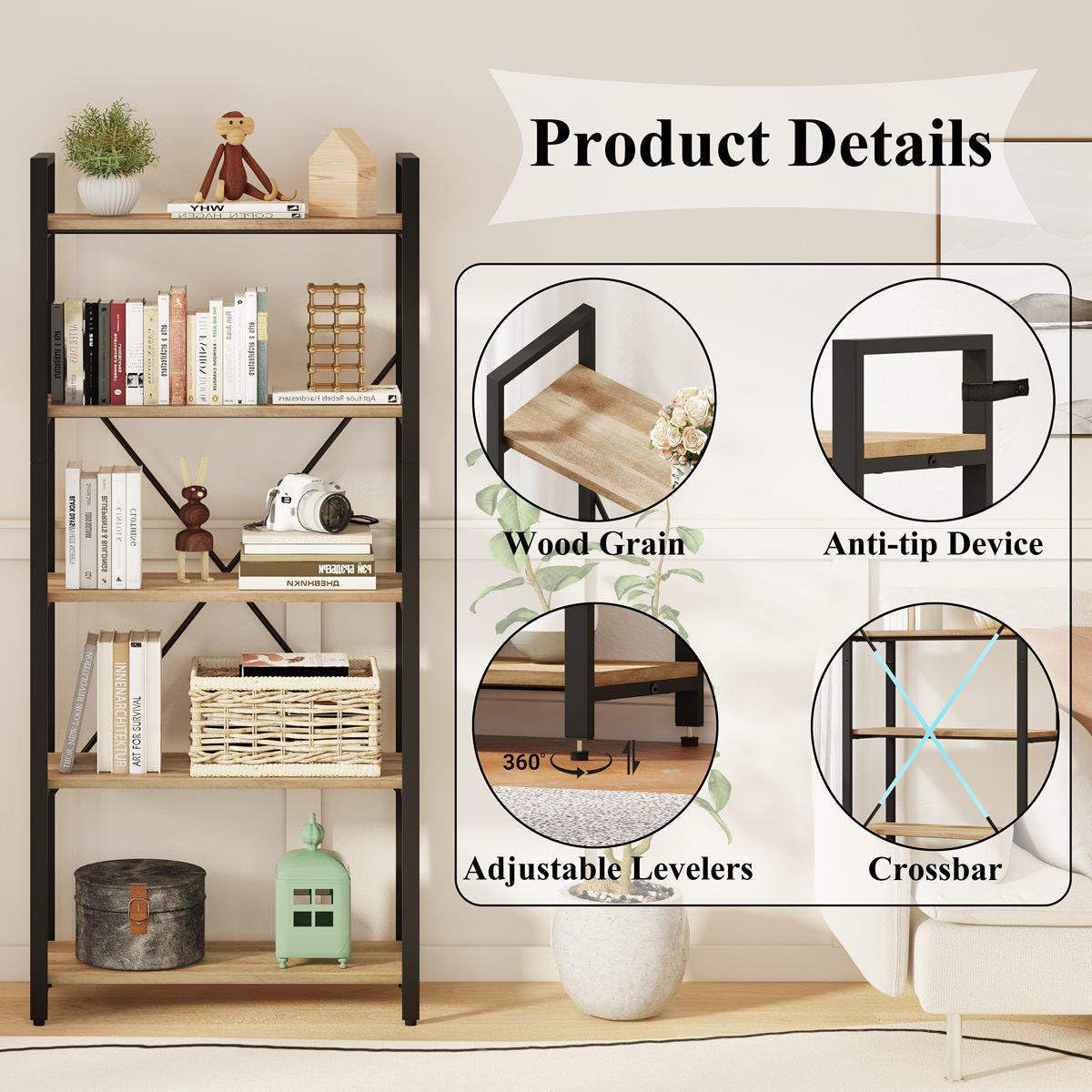 5-Tier Industrial Bookshelf with Metal Frame