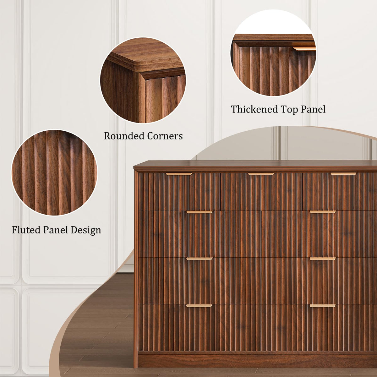 LYNCOHOME Fluted Tall Dresser for Bedroom, 9 Drawer Chest of Drawers,Walnut