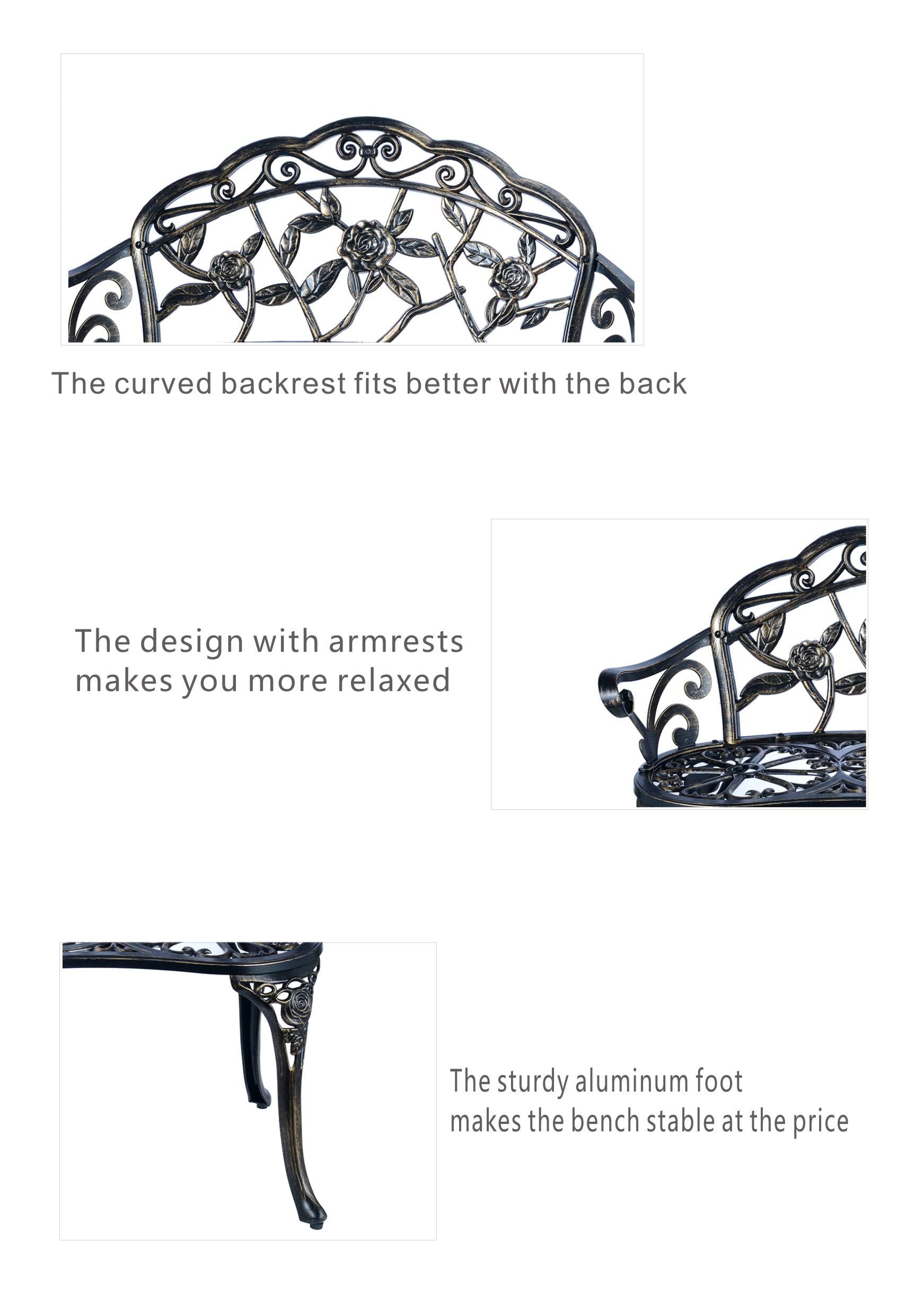 Patio Balcony Bench Double Seat, Anti-Rust Cast Aluminum Patio Garden Bench for Park Yard Outdoor Furniture Copper.1