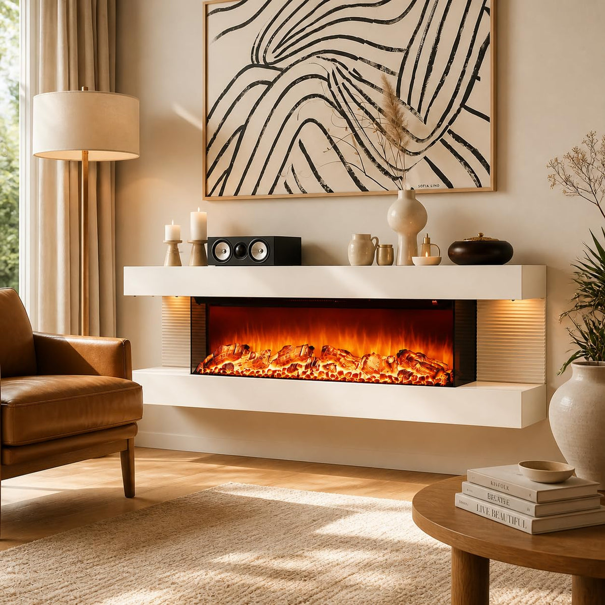 White Three-Sided Electric Fireplace