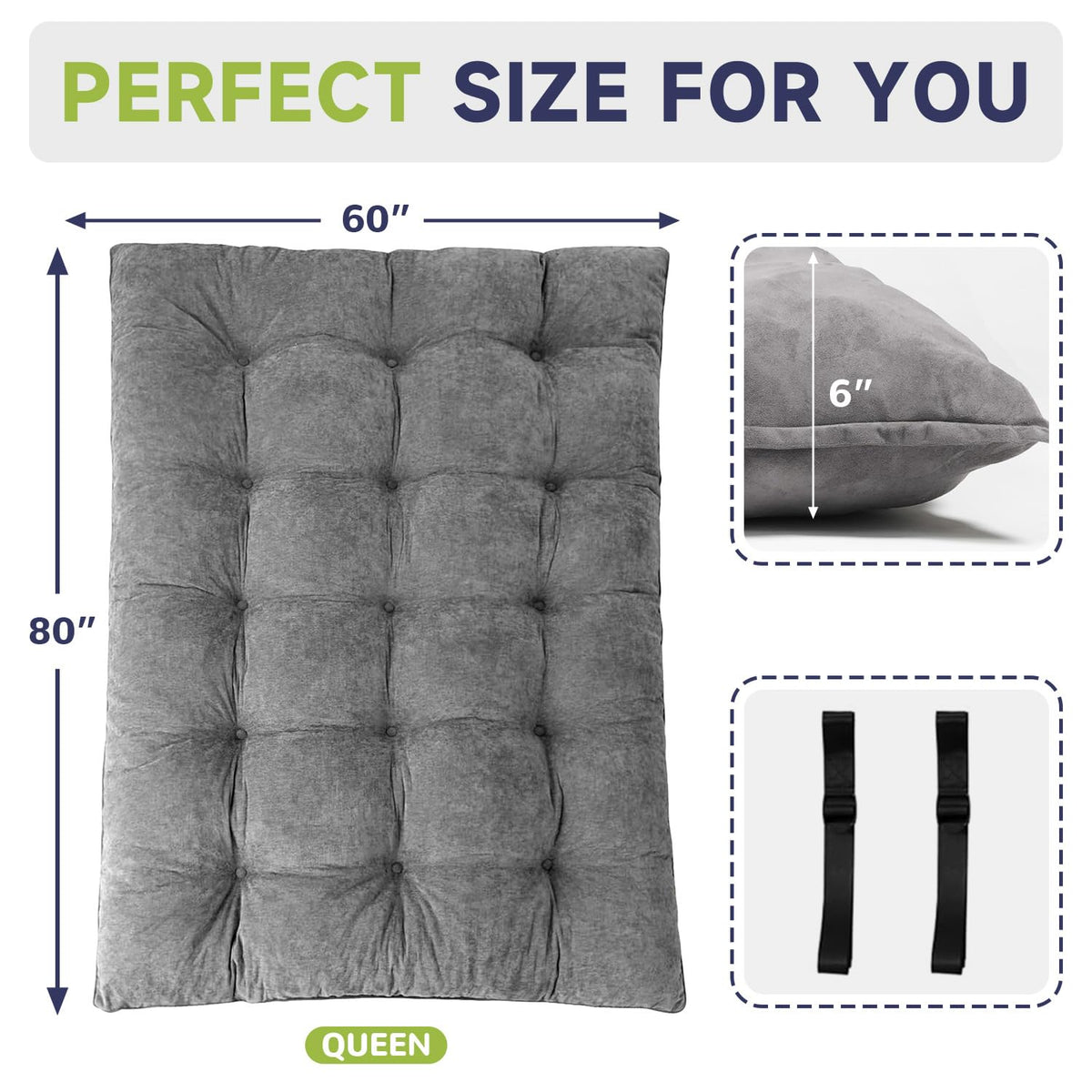 KOSRLY 6" Futon Mattress Full Size, Tufted Futons Sofa Couch Bed with Twisted Rope Design Edging,Versatile Floor Mattress for Adults，Shredded Foam Filling (Frame Not Included Gray, Queen)