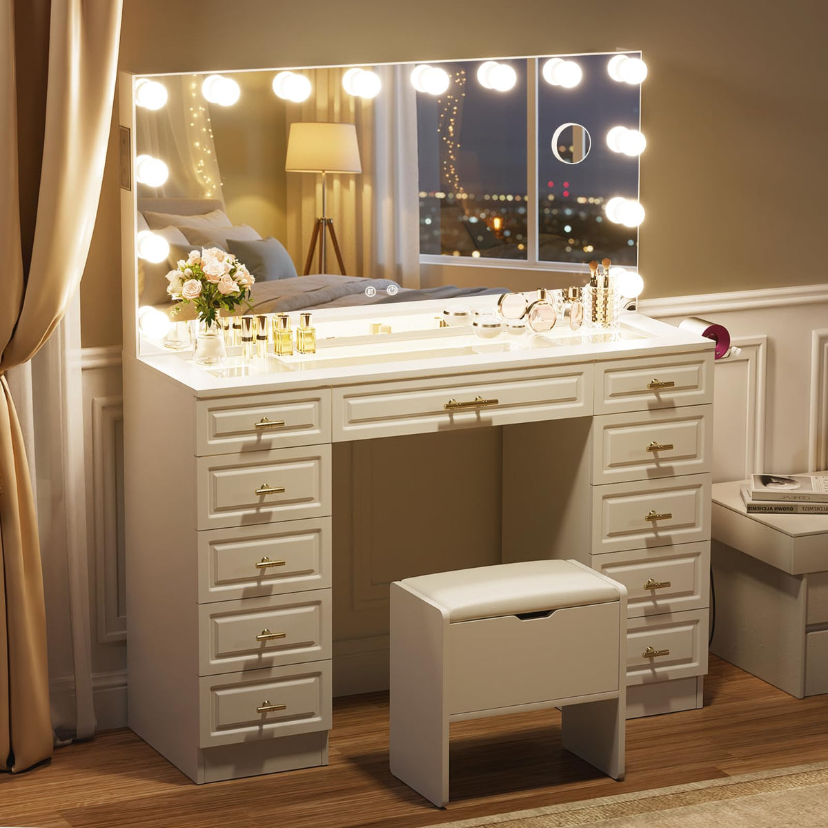 VOWNER Vanity with Lighted Mirror, Makeup Vanity Desk w/Bluetooth Speaker