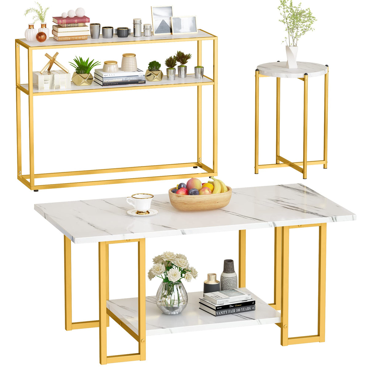 Lamerge 3pcs Living Room Table Set, Faux Marble Coffee Table with Round End Side＆Console Table, Modern White Coffee Table Set with Gold Metal Frame for Home Living Room Office Entryway, Round End