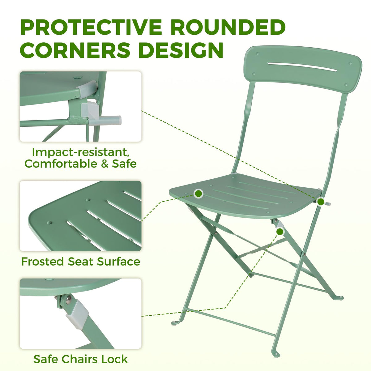 Grand patio Premium Frame Patio Bistro Set, Colorful Folding Outdoor Patio Furniture Sets, 3-Piece Patio Table and Chair Set, Sage Green