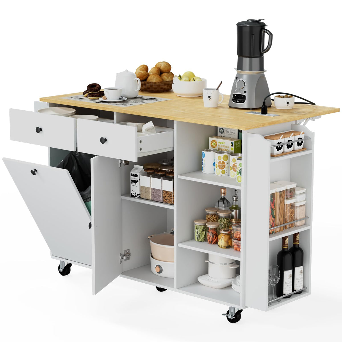 OAKANDO 60" Kitchen Island cart with Storage，Kitchen Island with Folding Drop Leaf & Power Outlet-Rolling,Towel Rack, 2 Drawers-Island Table for Kitchen with Trash Storage Cabinet