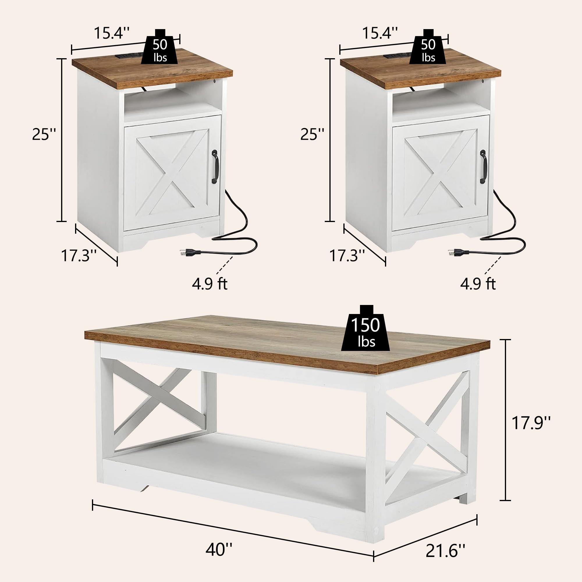 3-Piece Farmhouse Coffee & End Table Set with Charging Station