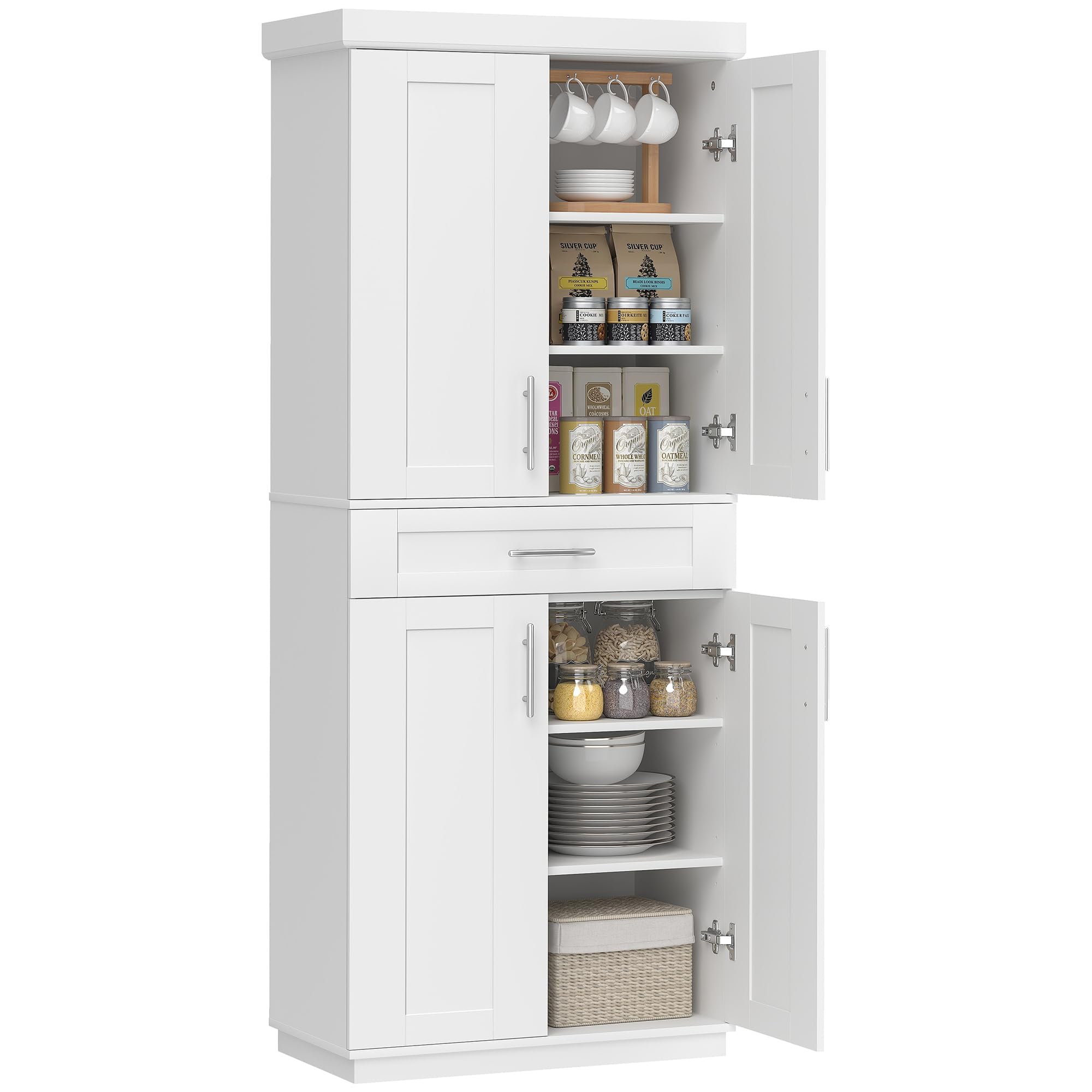 HOMCOM 72" Kitchen Pantry Cabinet, Freestanding Tall Storage Cabinet with 4 Doors, Drawer and 3 Adjustable Shelves for Dining Room, White