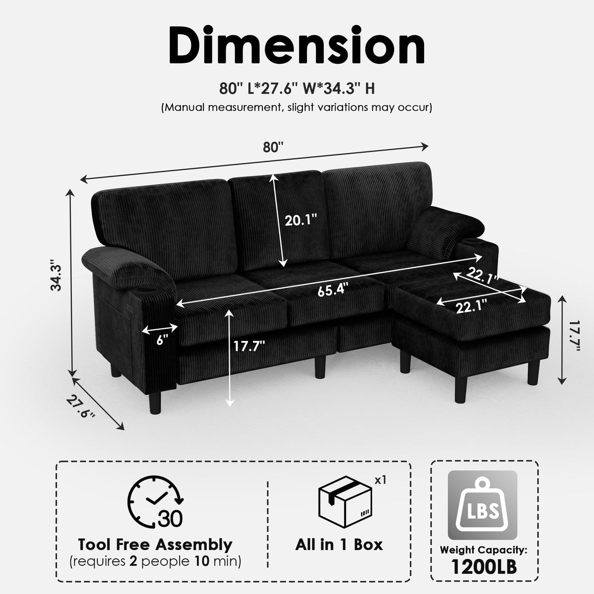 Corduroy Sectional Sofa with Storage Ottoman