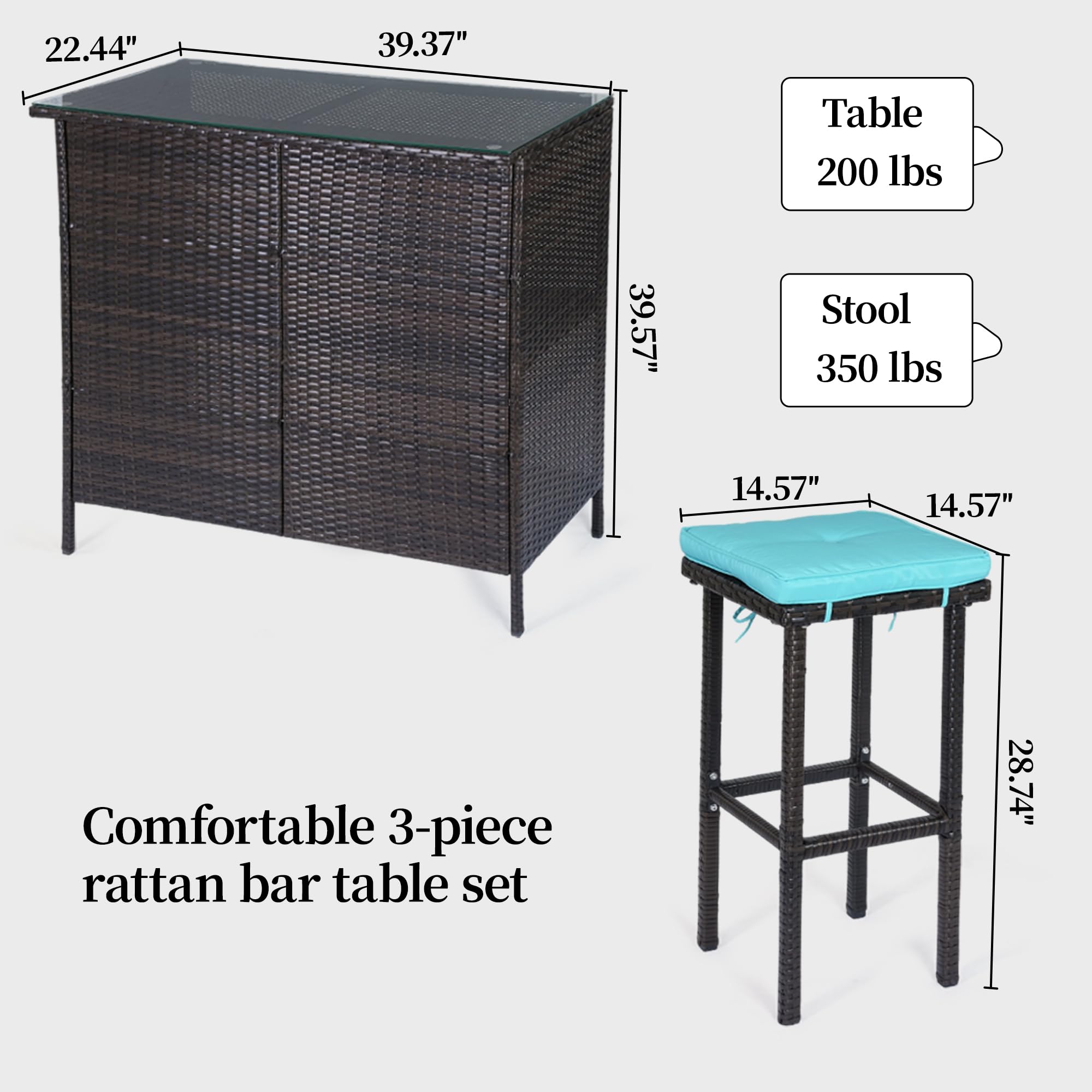 3-Piece Patio Wicker Bar Set with Glass Top & Cushioned Stools