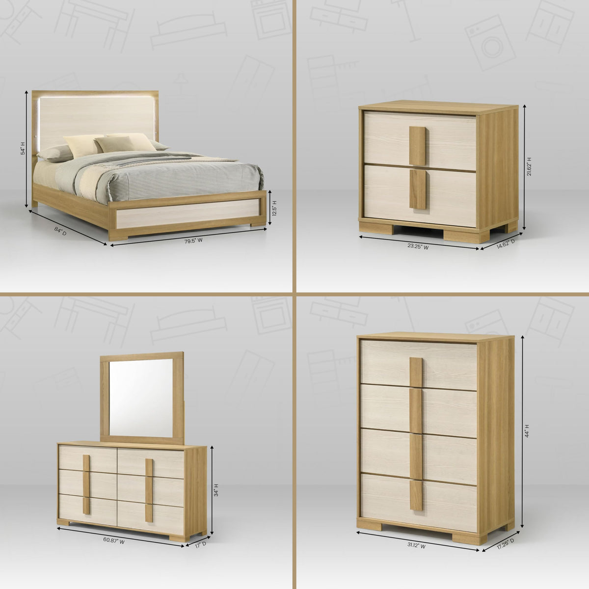 Kings Brand Furniture 6-Piece Natural/White Bedroom Set - King Size Bed with LED Lights, Dresser, Mirror, Chest and 2 Nightstands
