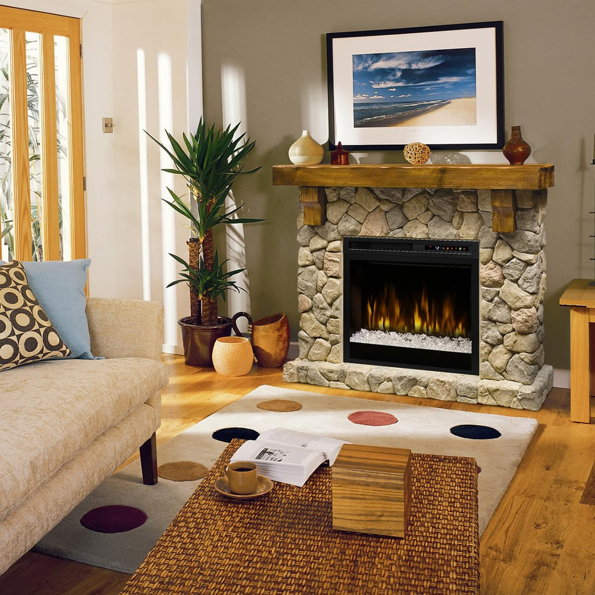 Rustic Stone-Look Electric Fireplace