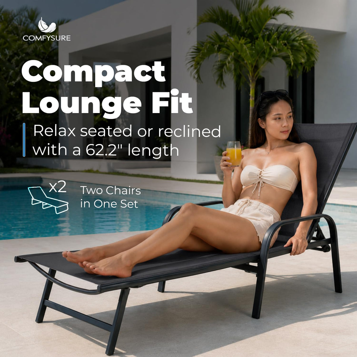 ComfySure Metal Outdoor Lounge Chairs, Set of 2 with Armrests – 5-Position Adjustable Recline, Weather-Resistant Anti-Rust Finish – Patio, Deck & Poolside Sun Loungers, Charcoal