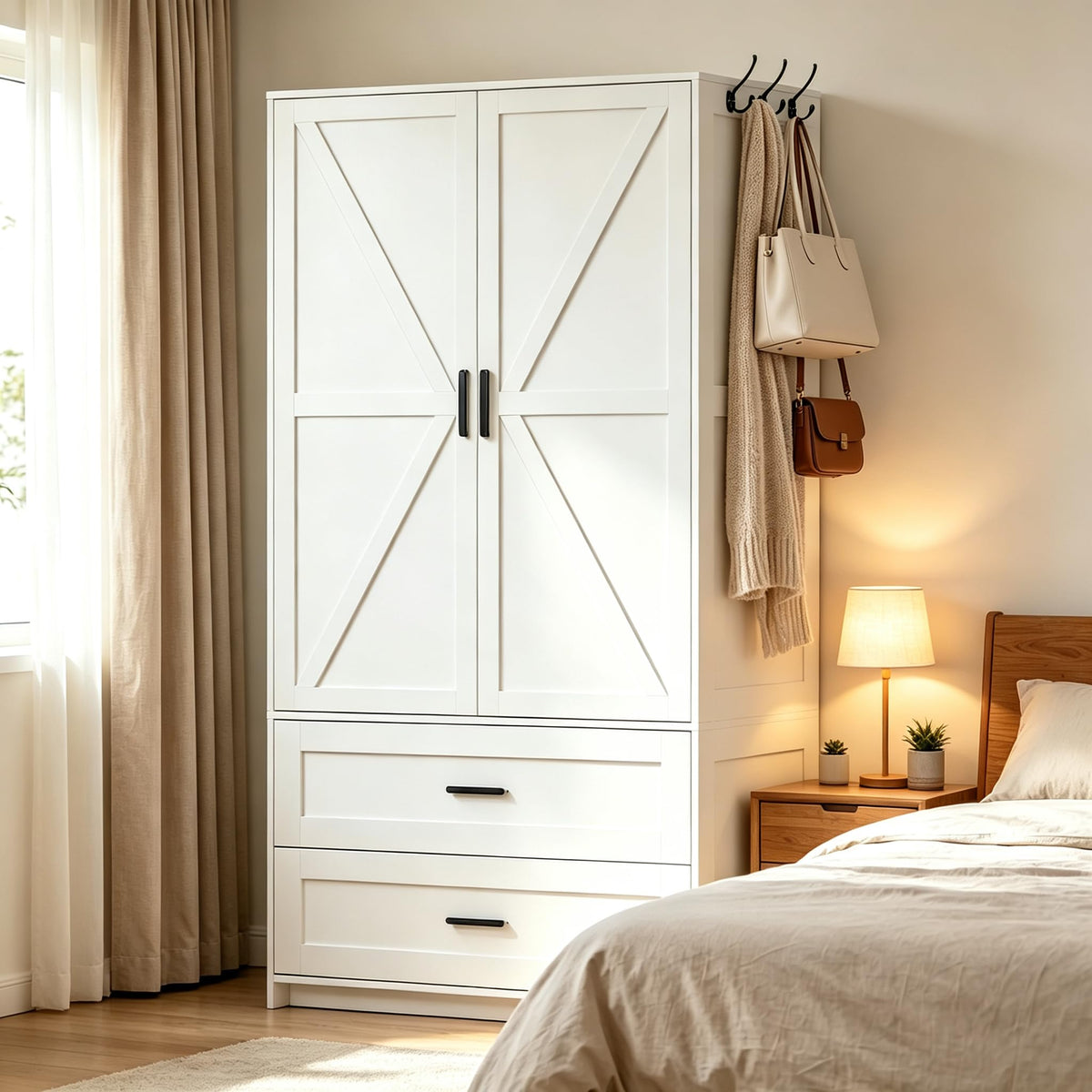 White Farmhouse Wardrobe with Mirror