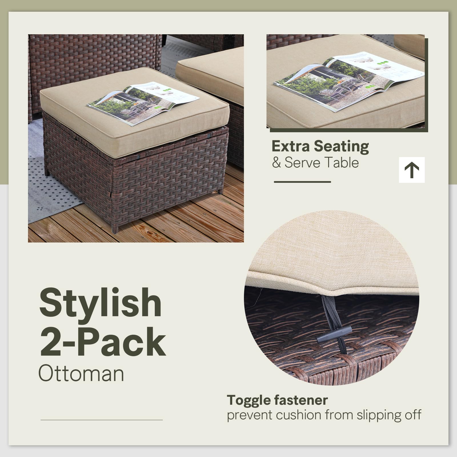 Outdoor Wicker Ottoman Set of 2 with Cushions