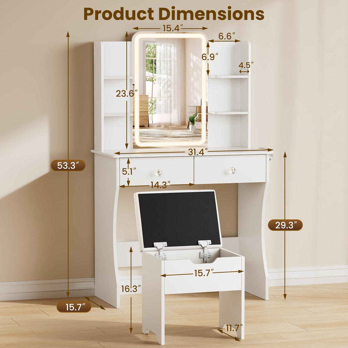 White LED Makeup Vanity with Storage Stool