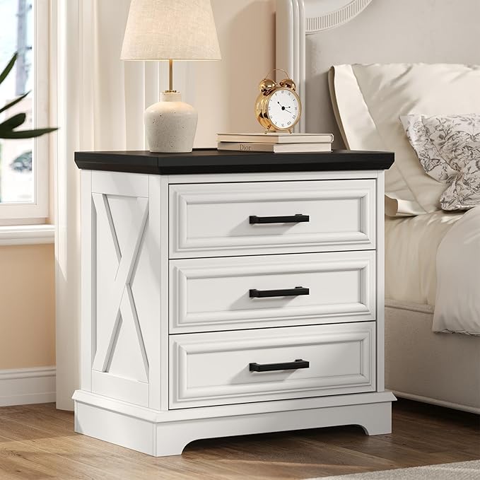 3-Drawer Farmhouse Nightstand with Charging Station