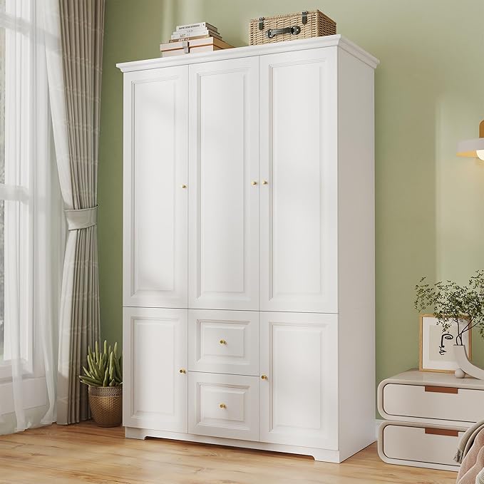 Wardrobe Closet with Drawers and Hanging Rod