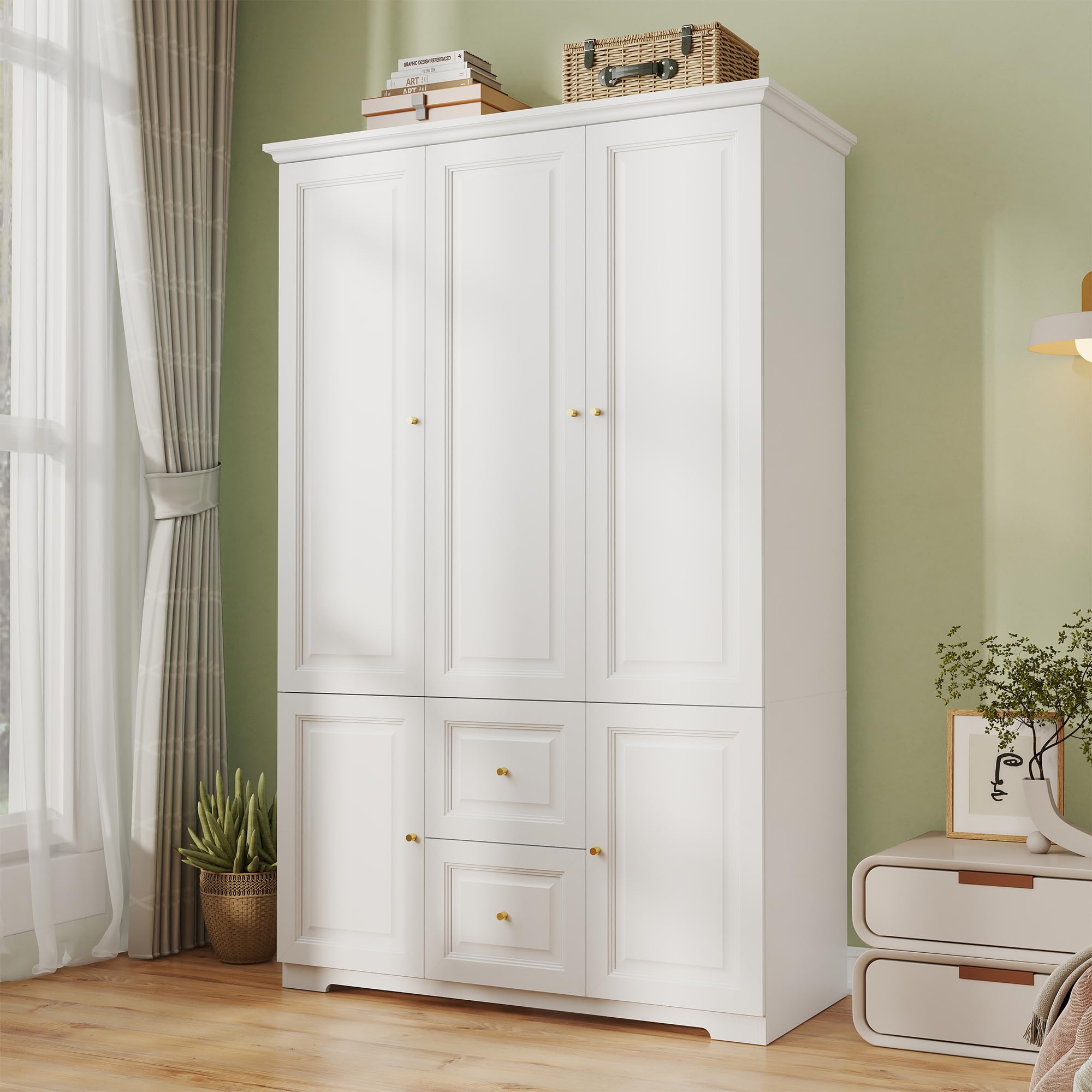Wardrobe Armoire with Drawers, Hanging Rod & Shelves