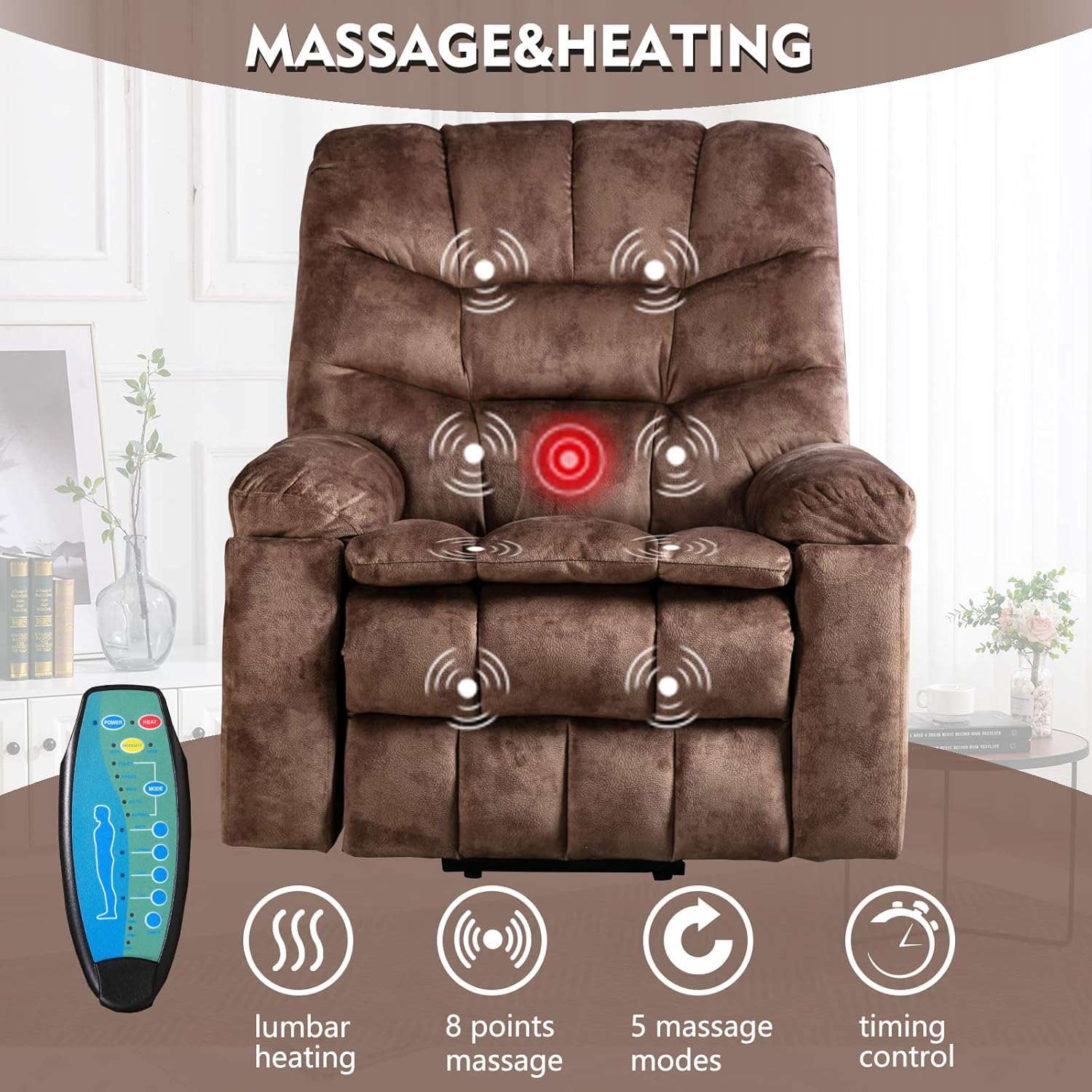 CANMOV Large Power Lift Recliner Chairs with Massage and Heat for Elderly, Heavy Duty and Safety Motion Reclining Mechanism Electric Wide Recliners with USB Ports, 2 Hidden Cup Holders,Brown
