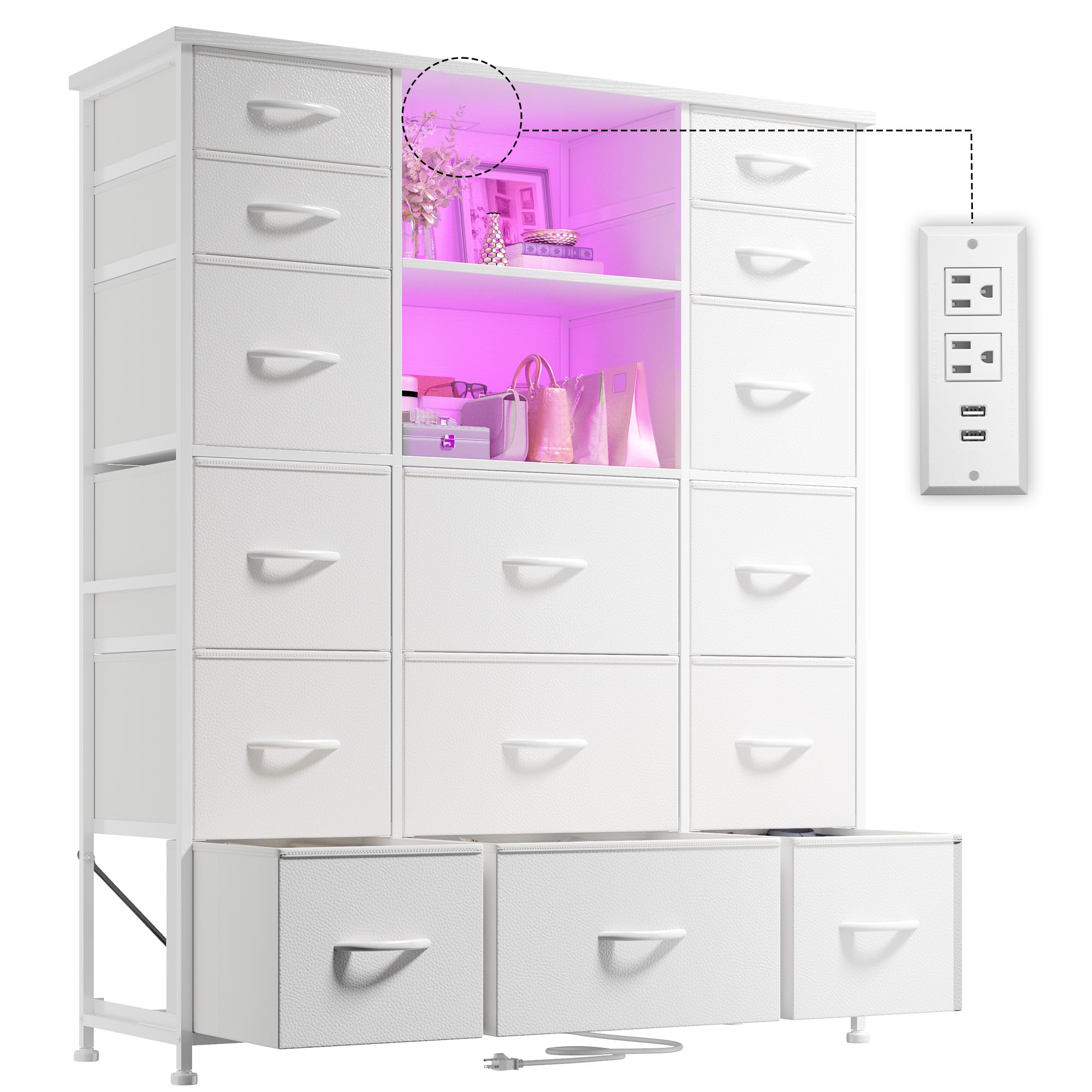 EnHomee 51" H White Dresser with 15 Drawers Dresser for Bedroom with Charging Station & LED Lights & Hutch Sturdy Bedroom Dressers, Steel Frame, Wood Top, 51.2" H x 39.3" W x 11.8" D