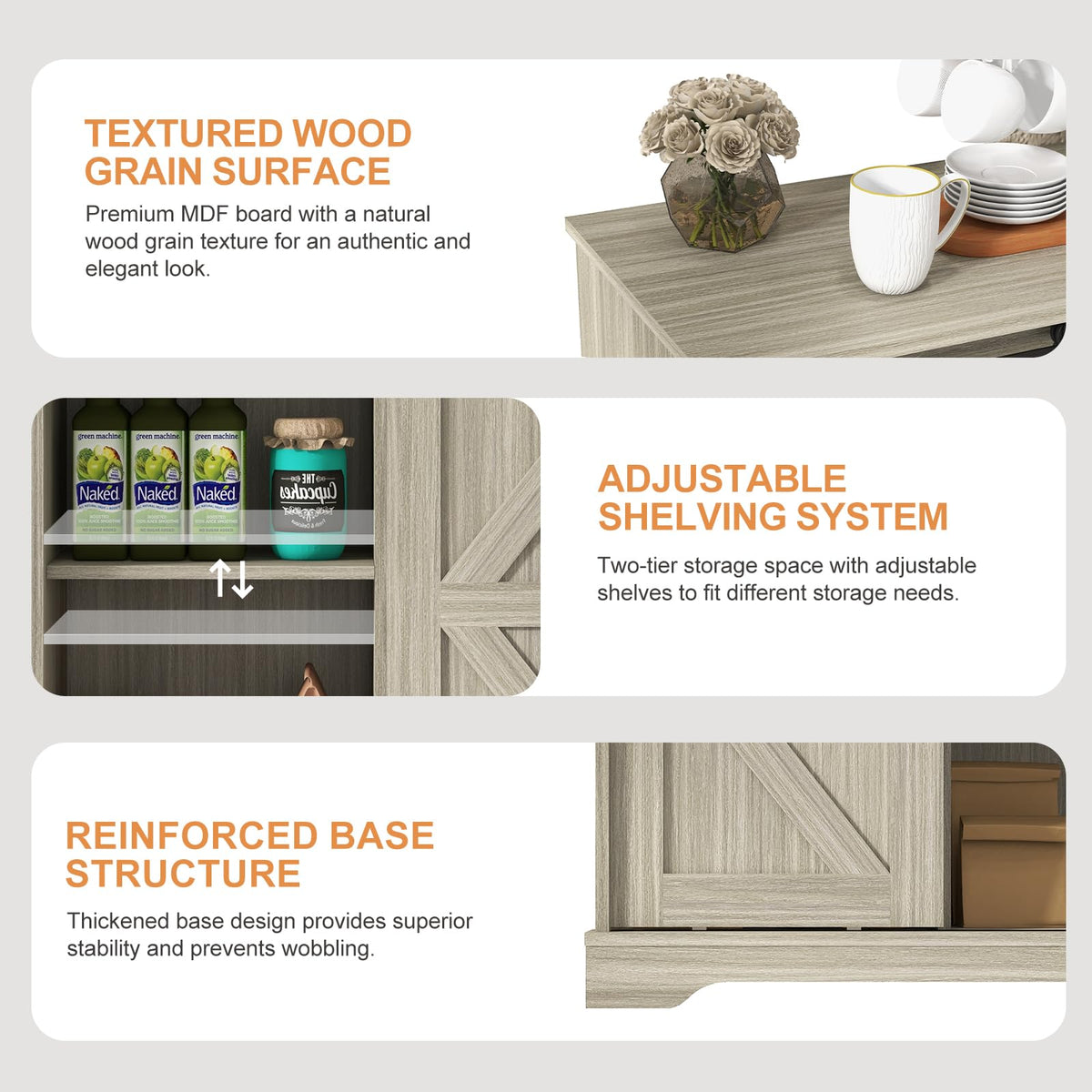 Panana Sliding Barn Door Buffet Sideboard Storage Cabinet Coffee Bar Kitchen Farmhouse Style (Oak)