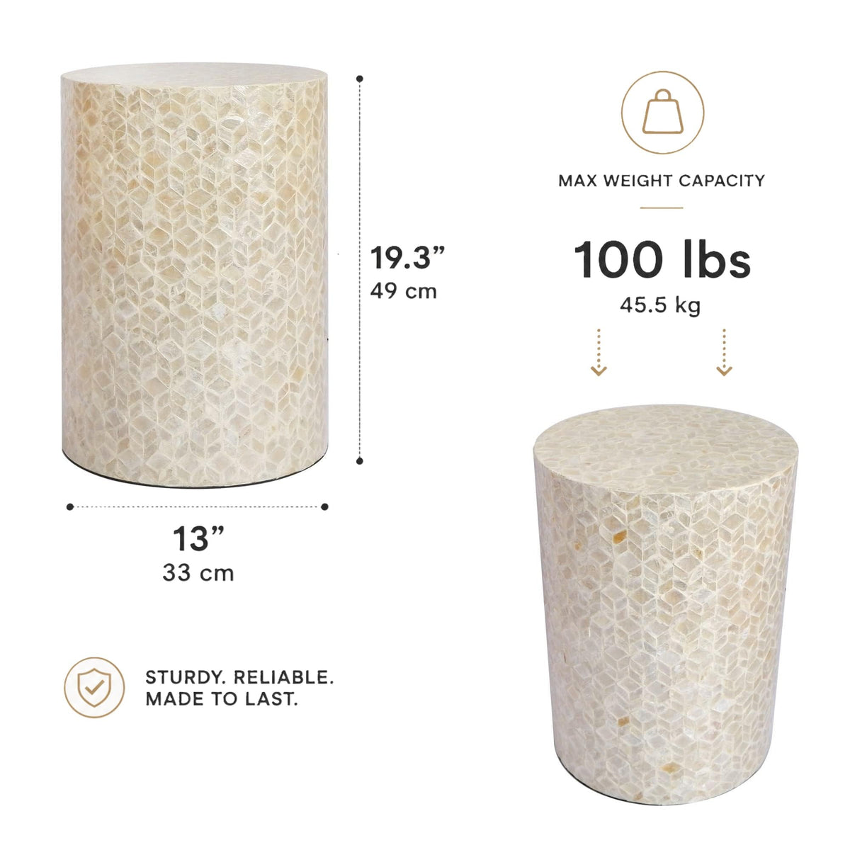 Capiz Shell Drum End Table, White Cream