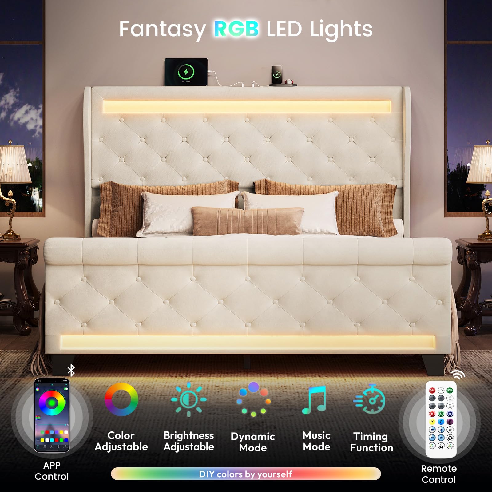 Upholstered Velvet Platform Bed Frame with LED Lights & Charging Ports
