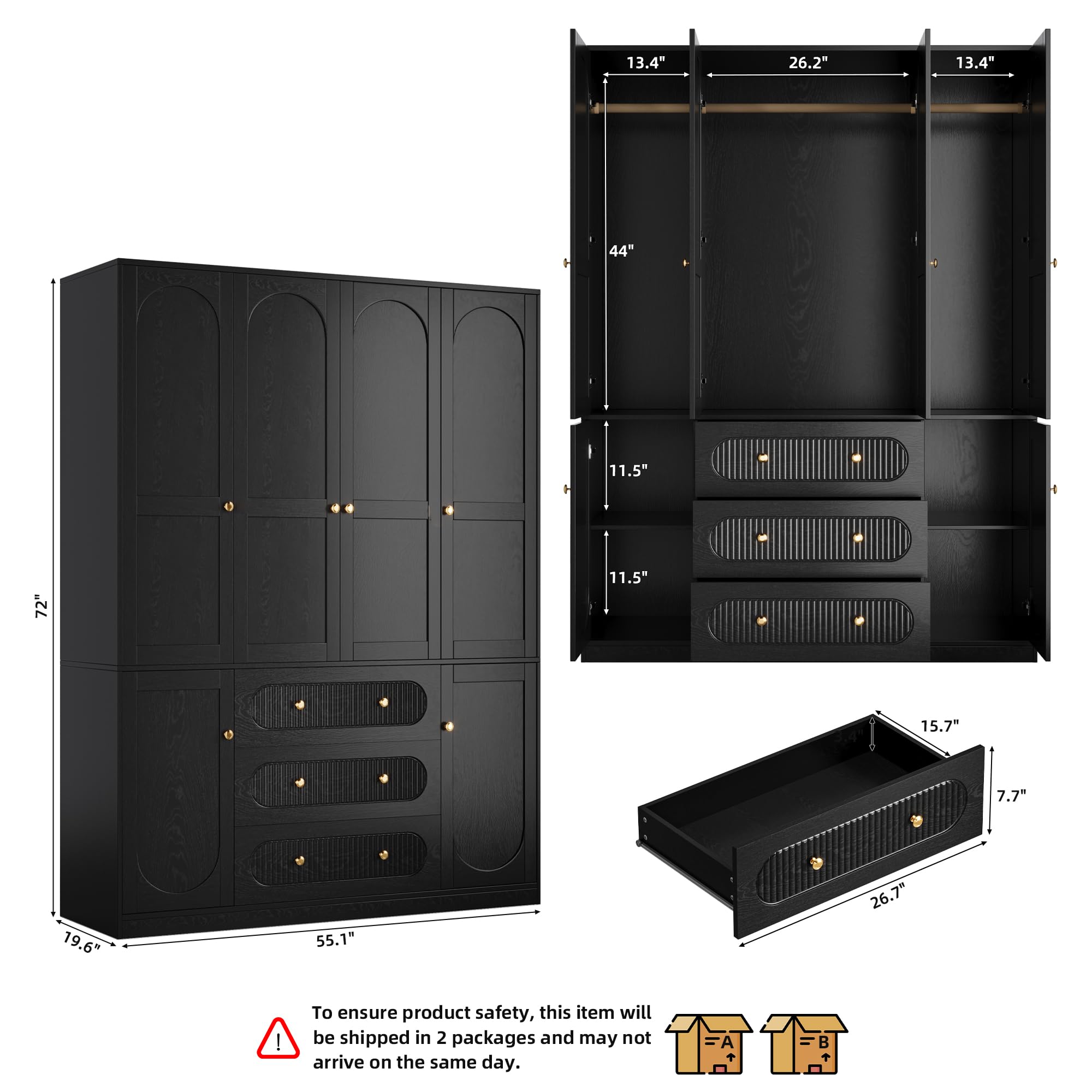 TOKSOM 4 Doors Freestanding Armoire Wardrobe Closet, 72" Black Wardrobe Armoire Wooden Closet Large Capacity Storage with 3 Drawers & 3 Hanging Rod Shelves Clothes Organizer