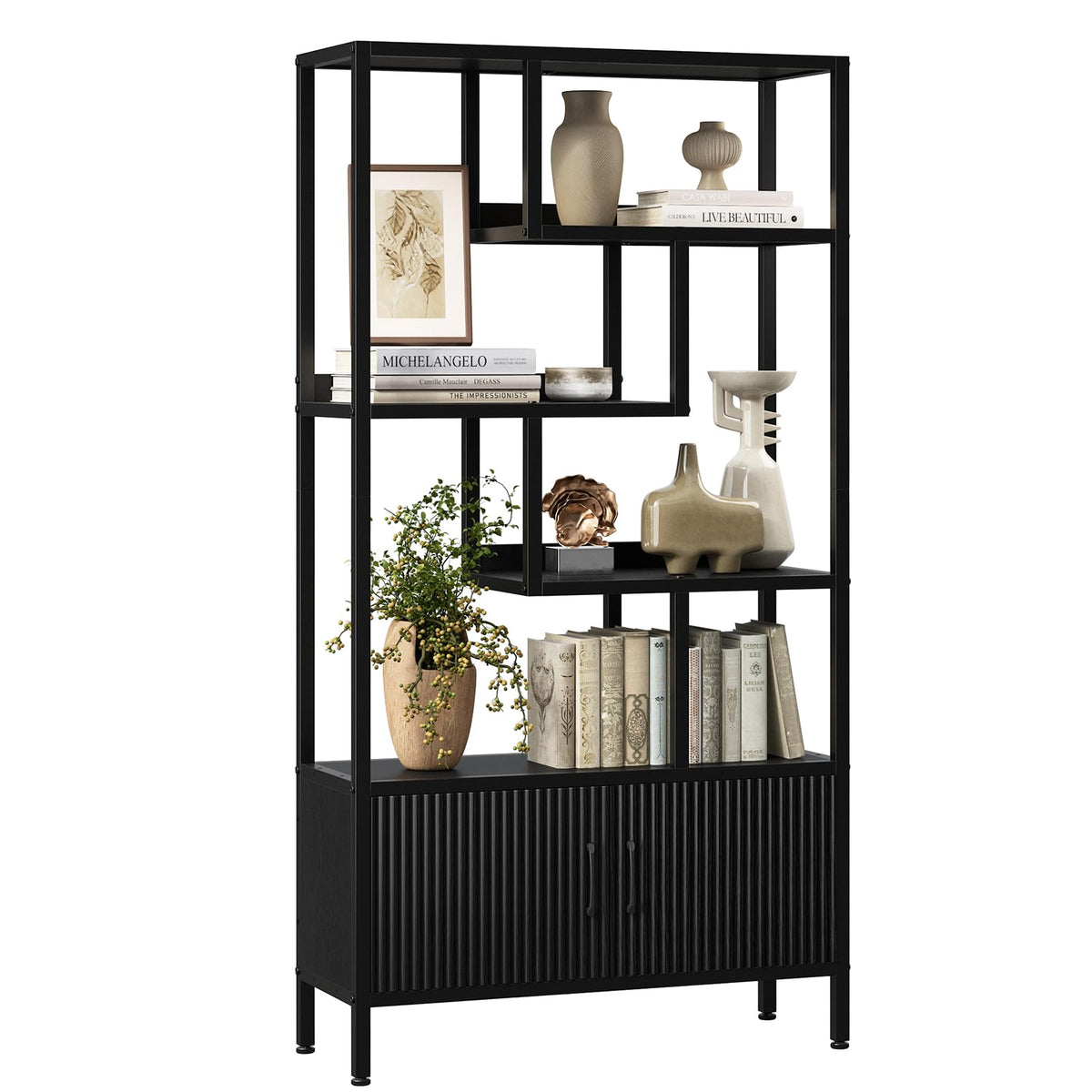 5-Tier Bookcase with Fluted Cabinet