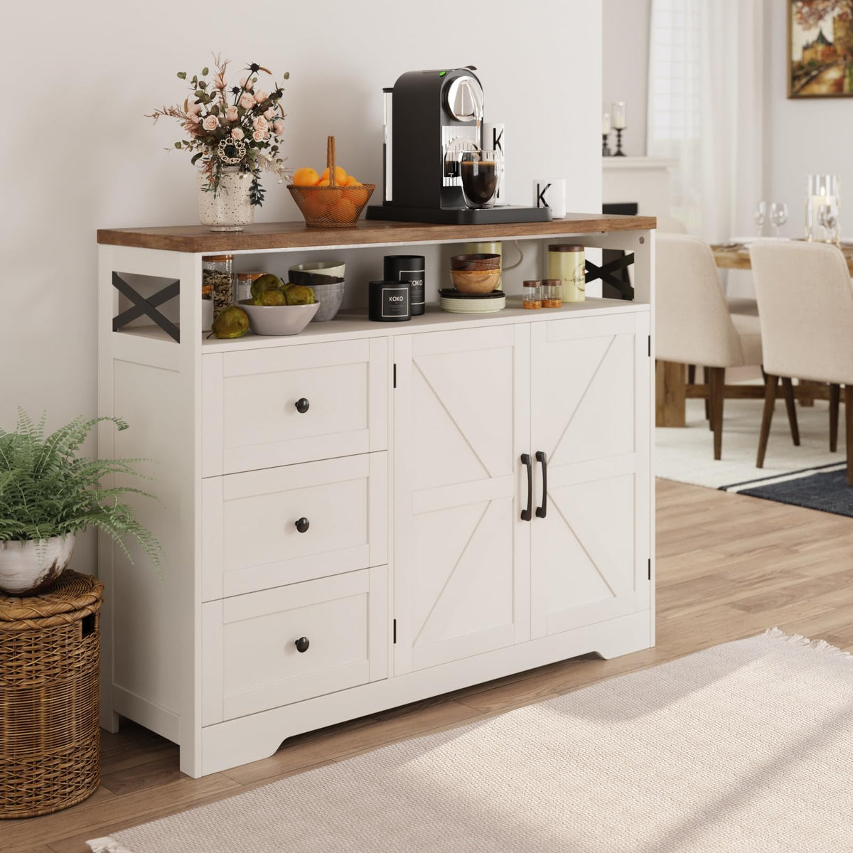 Befrases Farmhouse Buffet Cabinet with Drawers & Open Shelf