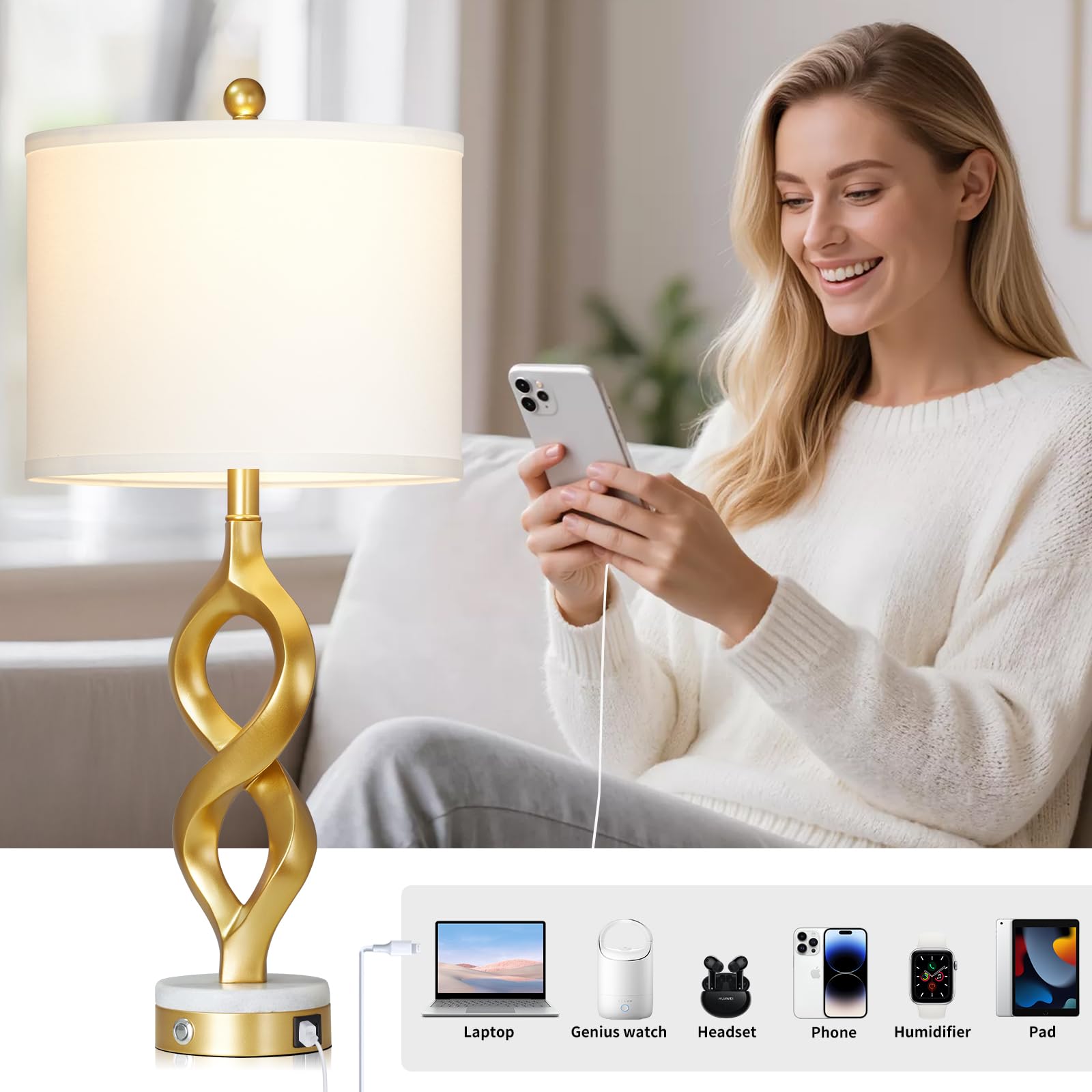 Rinweey White and Gold Table Lamps Set of 2 for Living Room, 30" Tall Touch Control Bedside Lamps for Bedroom Nightstand, 3-Way Dimmable Modern Decorative Table Lamp with USB A+C Ports and 2 LED Bulbs