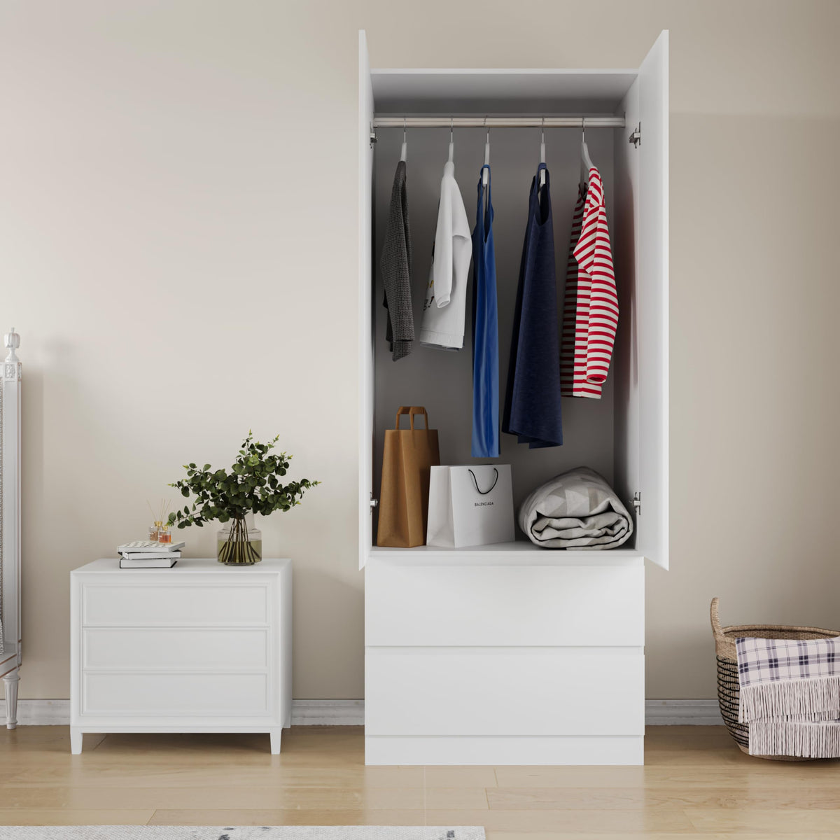 Mekminop Armoire Wardrobe Closet with 2 Doors & 2 Drawers, Bedroom Armoire Clothes Organizer with Hanging Rod, Freestanding Wardrobe Cabinet (31.5”W x 20.39”D x78.74”H)