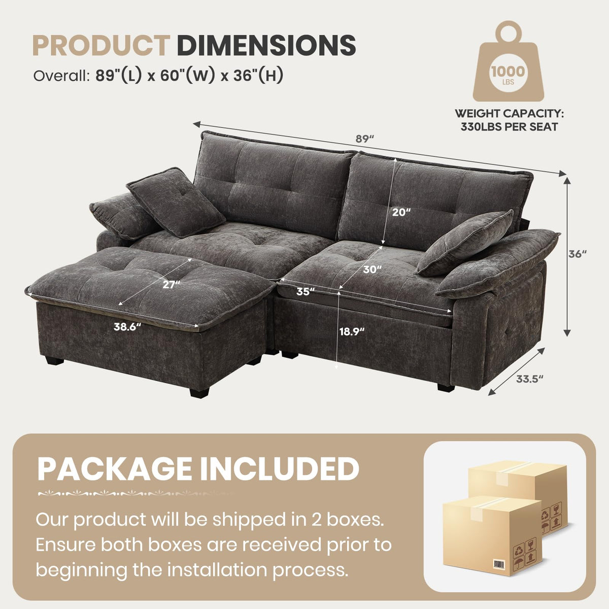 Consofa 89'' L Shaped Modern Sofa Modular Sectional Cloud Couch with Ottoman, Comfy Chenille Deep Seat Sofa with Throw Pillows/USB, 2 Seater Couch for Living Room for Living Room, Office and Apartment