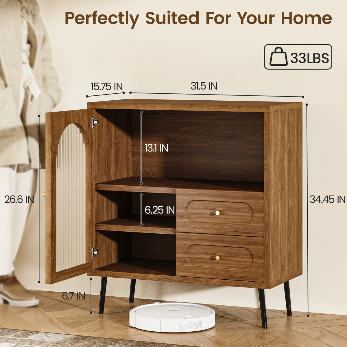 Regmuse Wood Sideboard Cabinet - Slim Buffet Cabinet with Storage & Drawers
