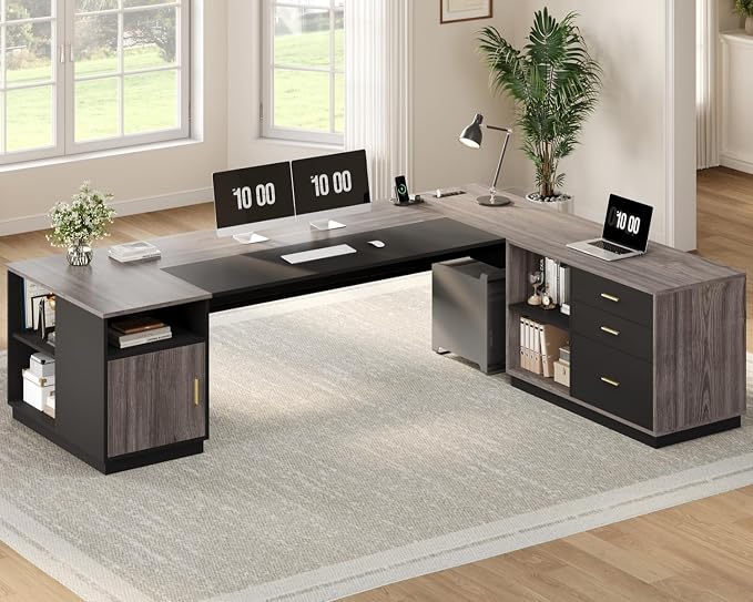 L-Shaped Executive Desk with File Cabinet