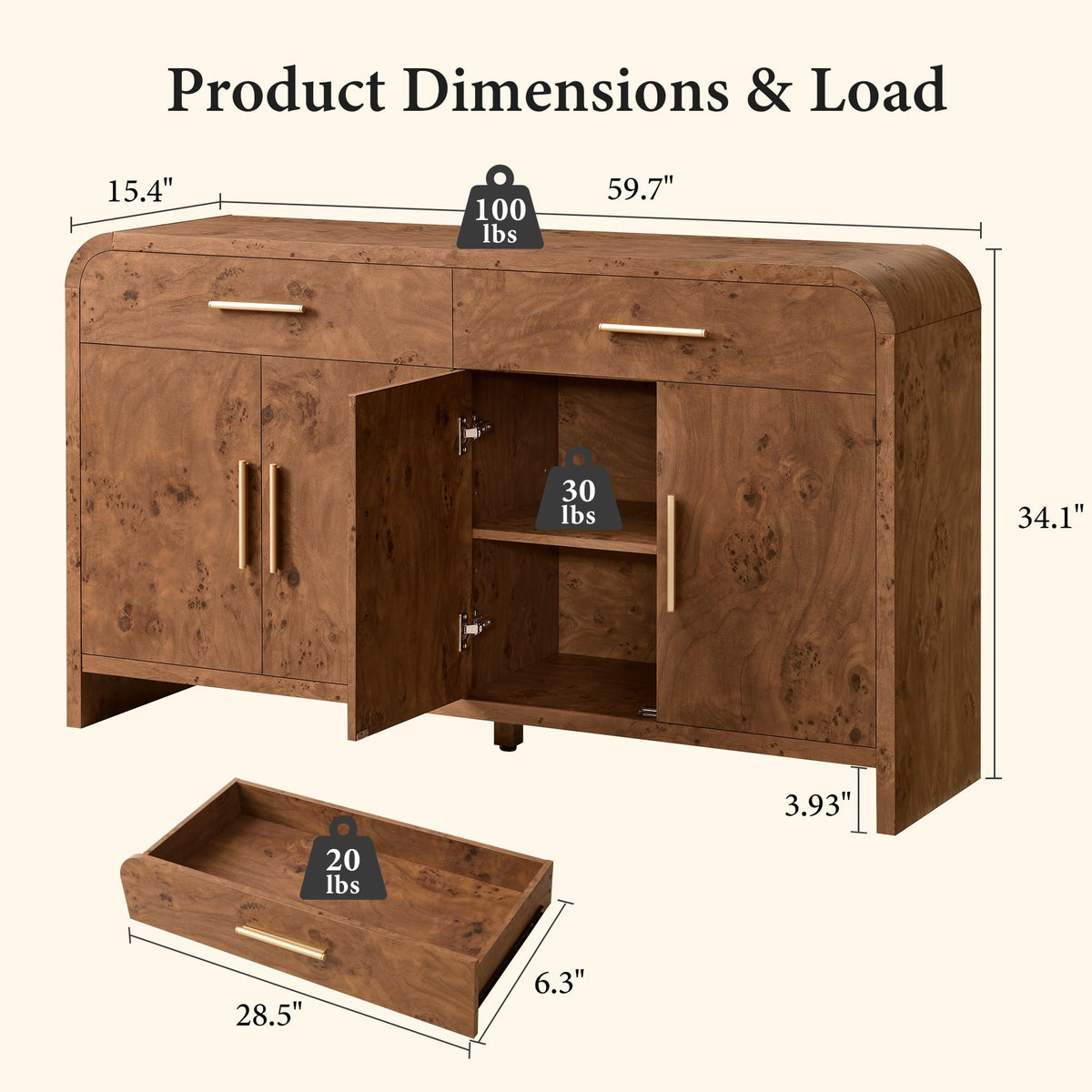 59" Sideboard Buffet Cabinet with Storage, 4 Doors Cabinet, Dark Burl
