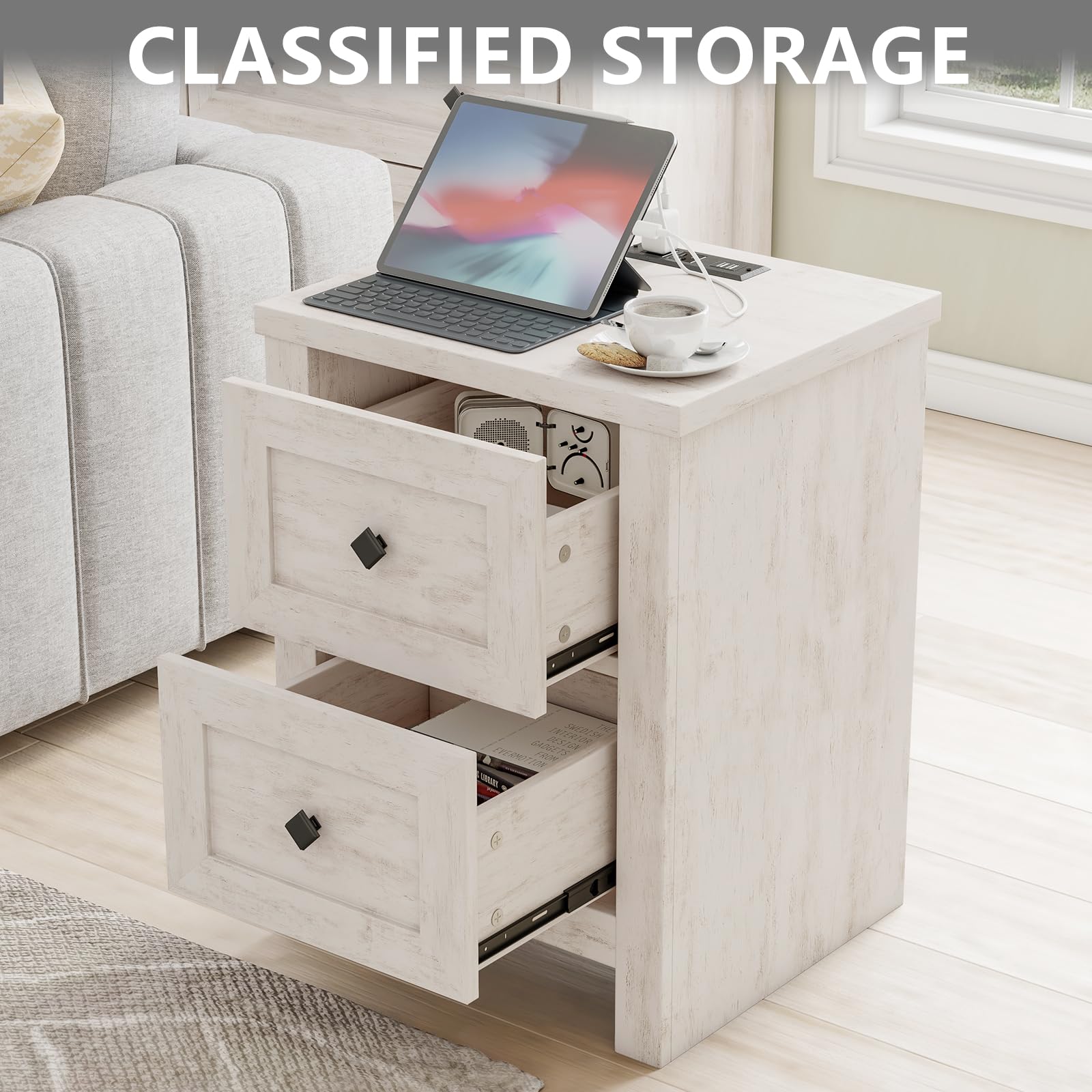 LUXOAK Nightstand Set of 2 with Charging Station, Farmhouse Night Stand with 2 Drawers Storage Cabinet, Rustic Wood Sofa Side Table for Bedroom, Office, Rustic White