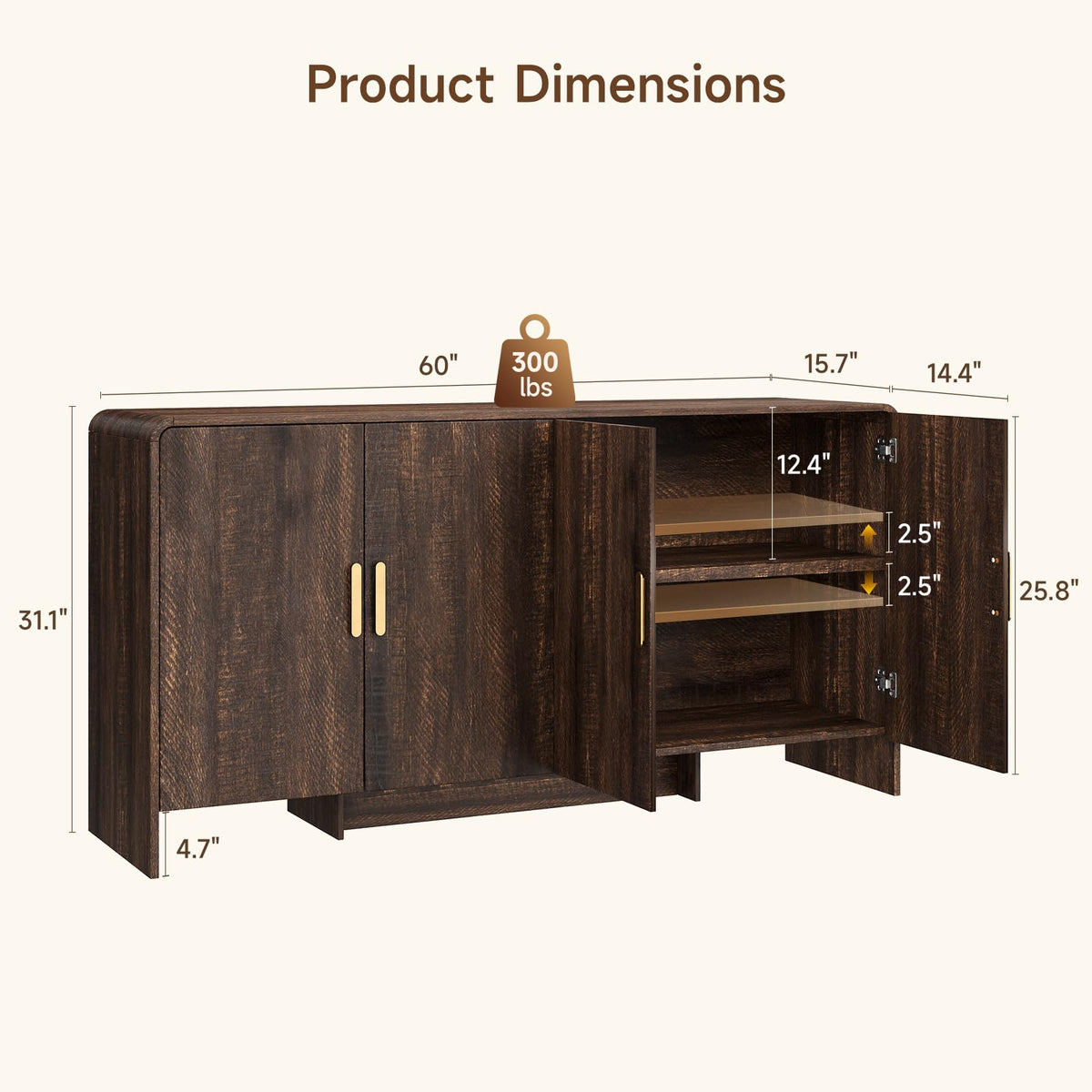 ComfyCorner 60" Sideboard Buffet Cabinet, Large Curved Design, Brown
