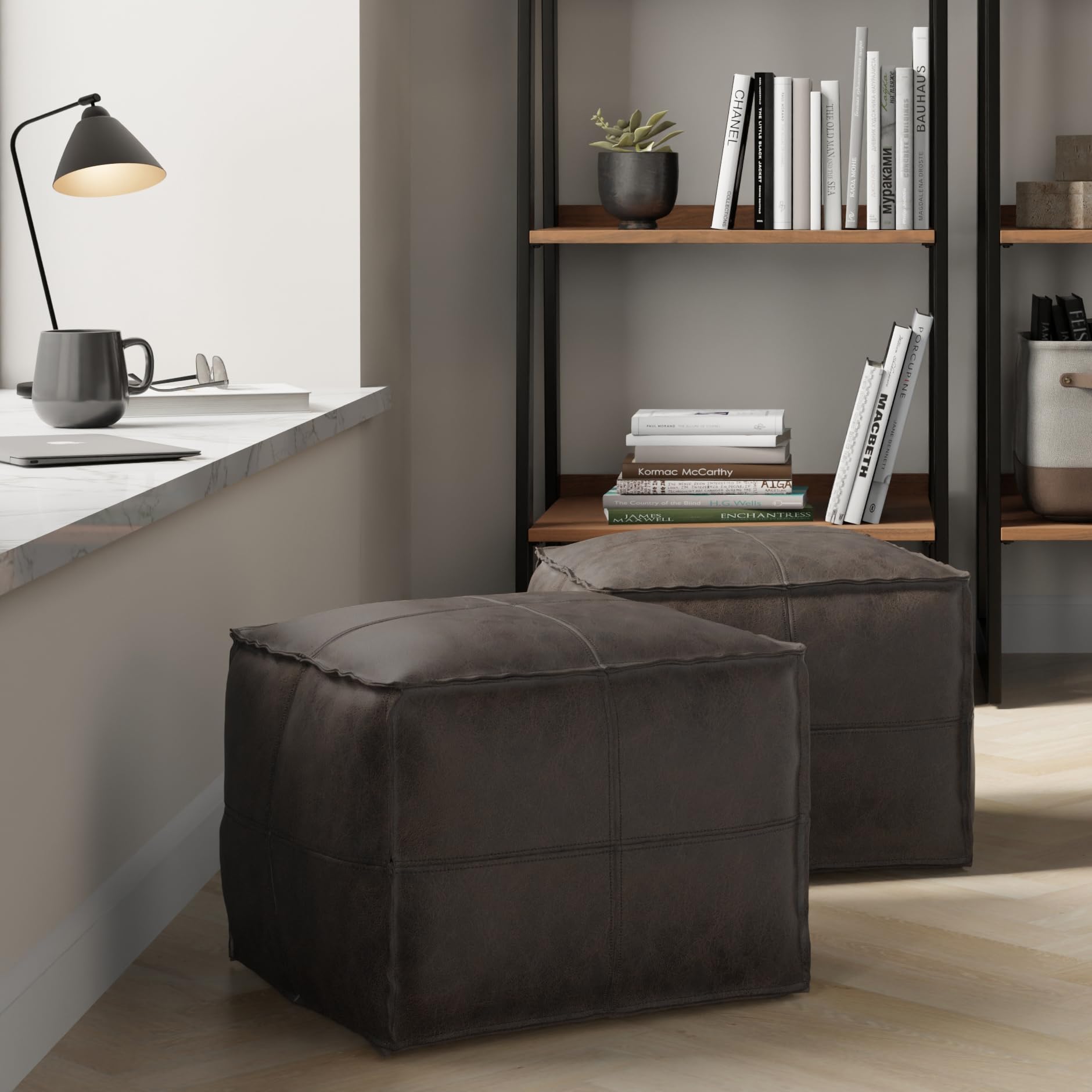 Square Leather Pouf Ottoman