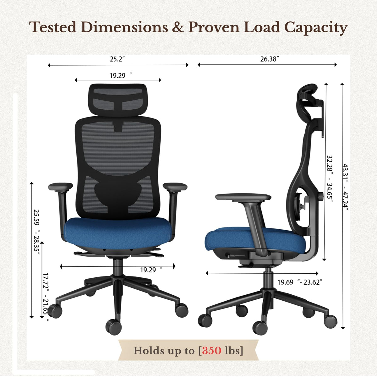 DEXYNORD Ergonomic Office Chair with Breathable Mesh Back & Thick Cushion Seat, 4D Armrests, 3D Headrest, Adjustable Lumbar Support & Seat Depth, High Back Desk Chair with Tilt Lock (Blue)
