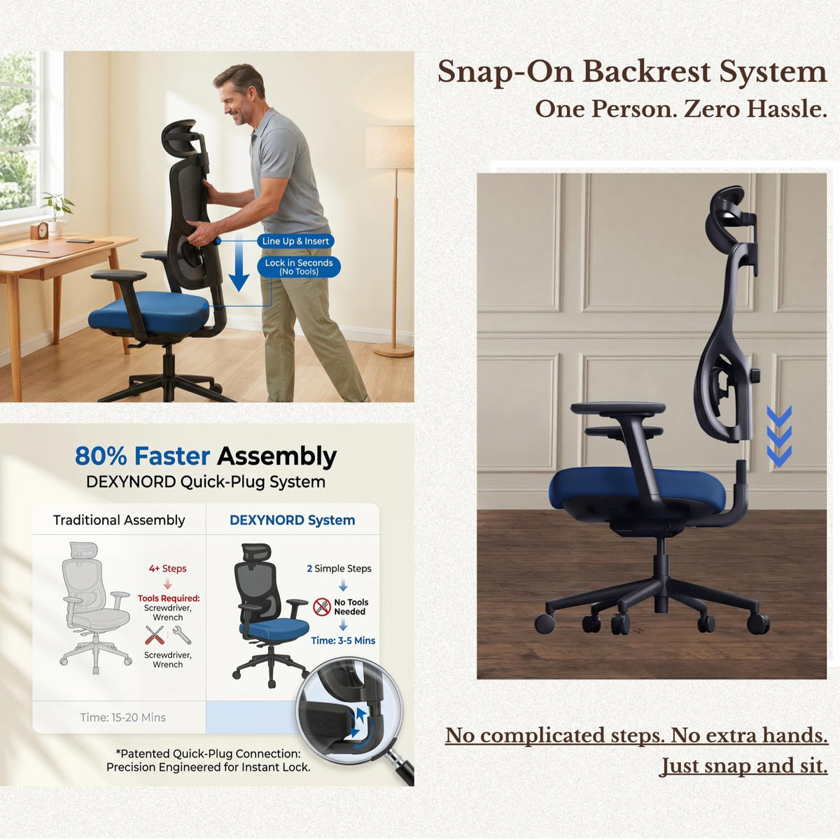 DEXYNORD Ergonomic Office Chair with Breathable Mesh Back & Thick Cushion Seat, 4D Armrests, 3D Headrest, Adjustable Lumbar Support & Seat Depth, High Back Desk Chair with Tilt Lock (Blue)