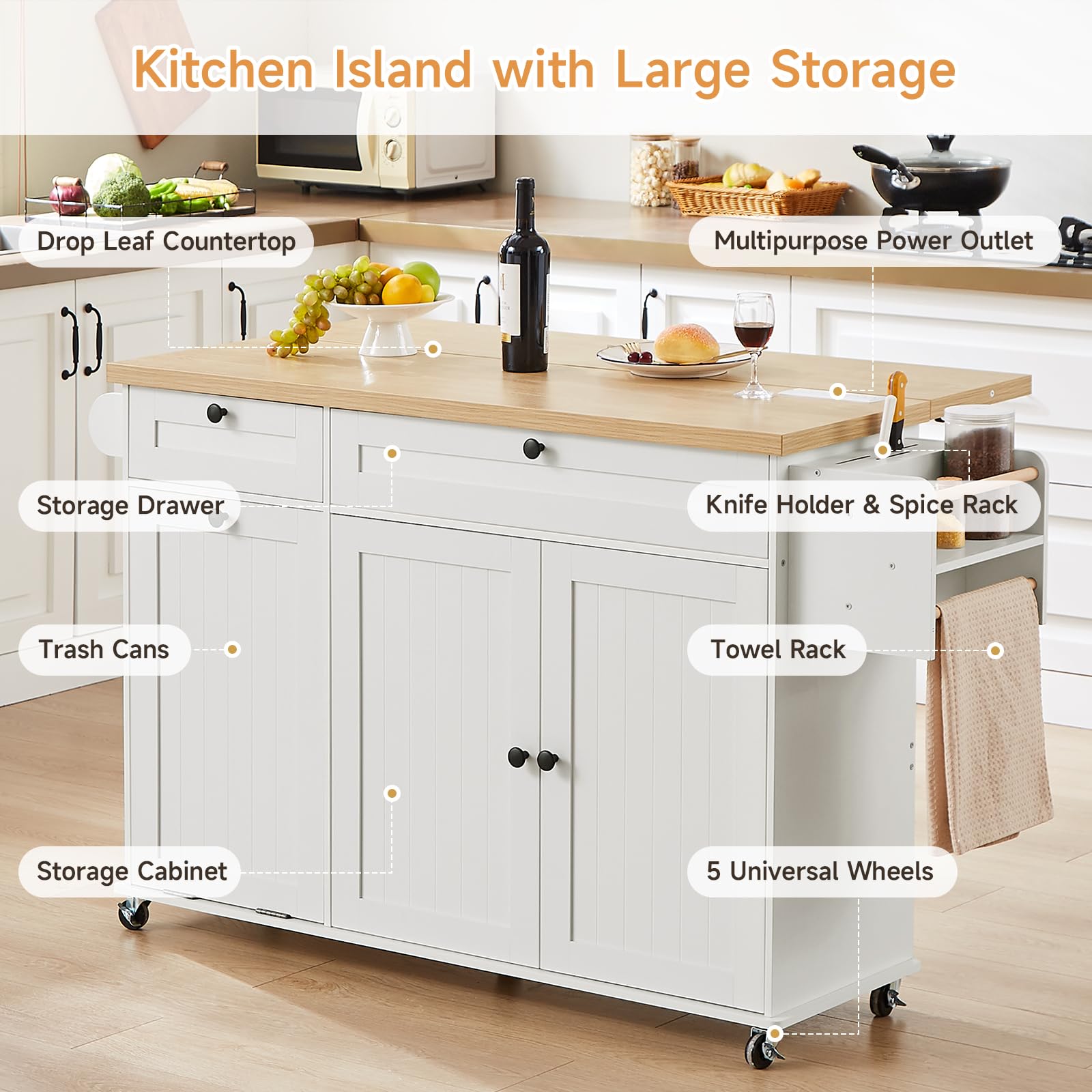 60" Rolling Kitchen Island with Power Outlet & Drop Leaf
