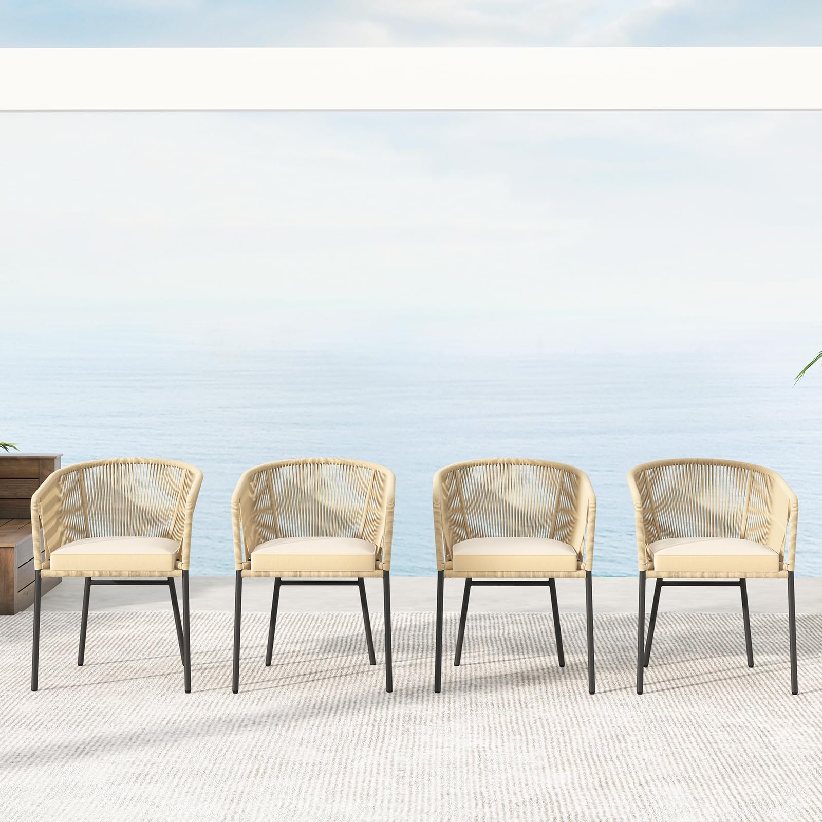 Tangkula Patio Chairs Set of 4, Outdoor Accent Chairs with Woven Rope Curved Backrest & Armrests, Seat Cushion, Adjustable Foot Pads, Modern Dining Chair for Dining Room, Patio, Backyard, Beige
