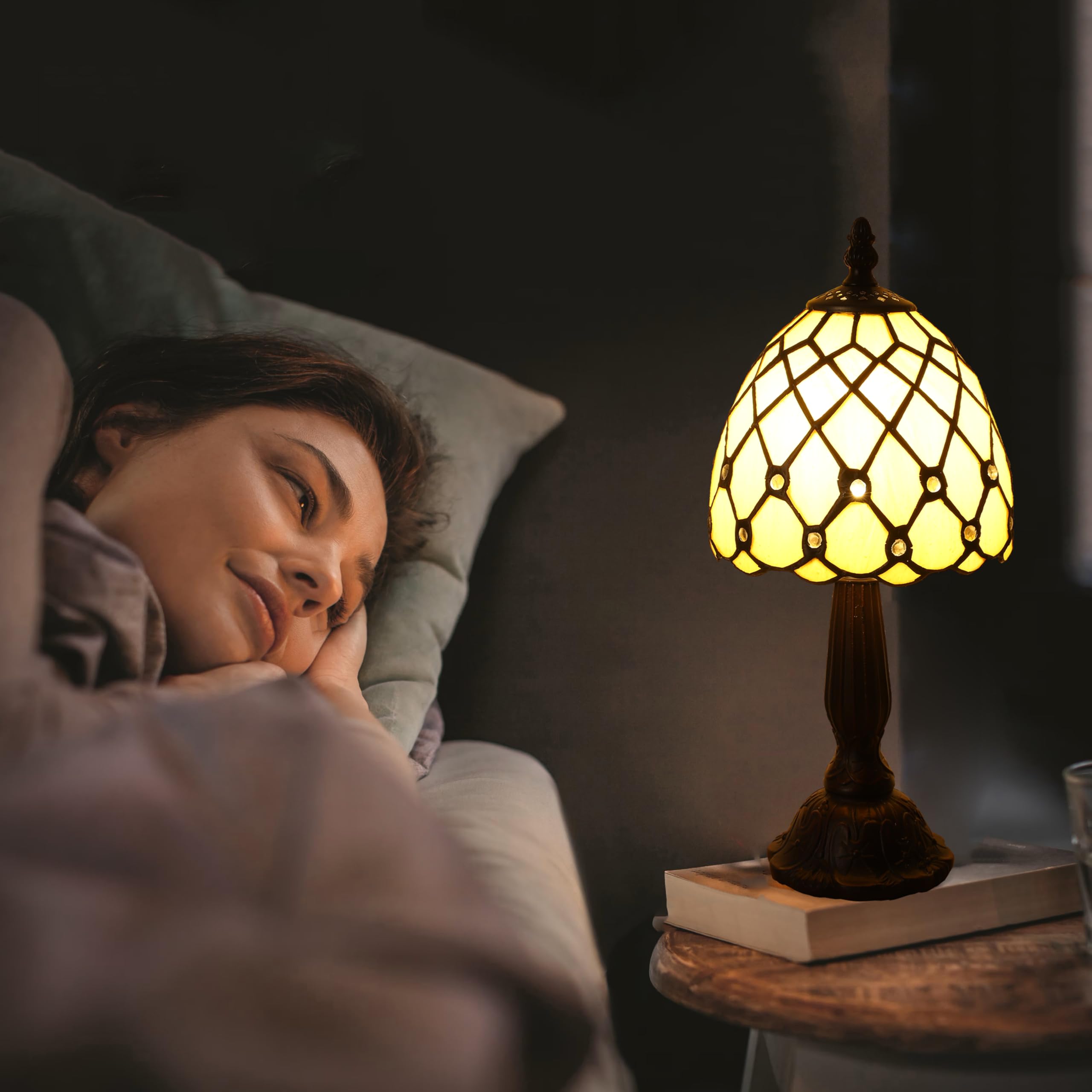 KALOUFUL Small Tiffany Style Table Lamp,3 Color Temperature Beads Light Gold Stained Glass Table Lamps for Living Dining Room,Bedroom,Bedside Nightstand Night Light+LED E12 Bulb,6X6X13Inch