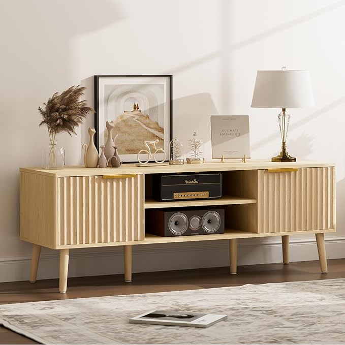 Mid-Century TV Stand with Fluted Door Cabinets