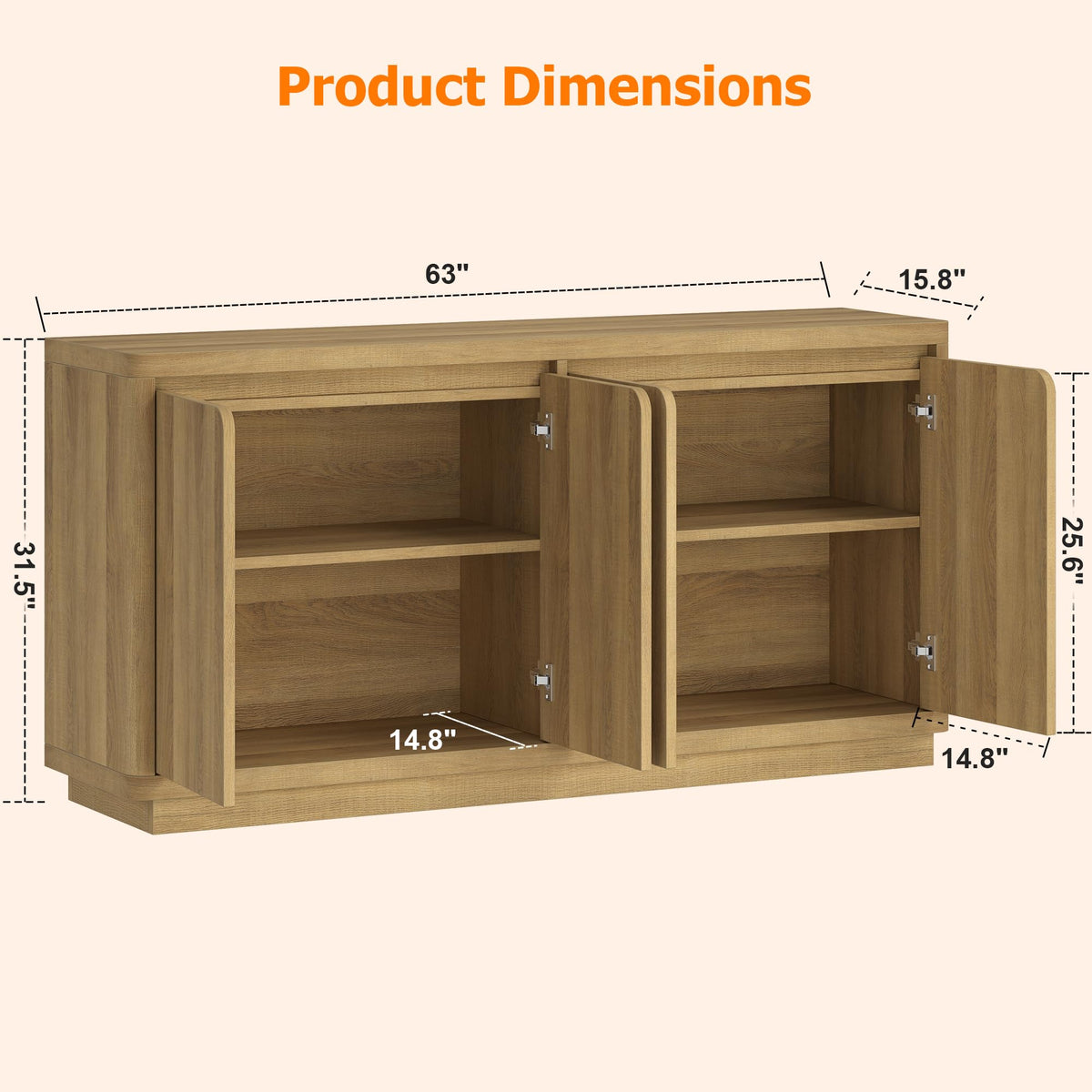knoworld 63" Buffet Cabinet with Storage & Power Outlet, Wood Sideboard Credenza with Double-Arc Doors, Modern Coffee Bar Console Table for Kitchen Dining Room, Natural