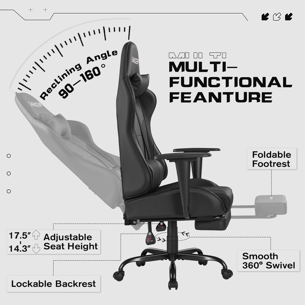 Homall Ergonomic Gaming Chair, Faux Leather Office Chair, Black